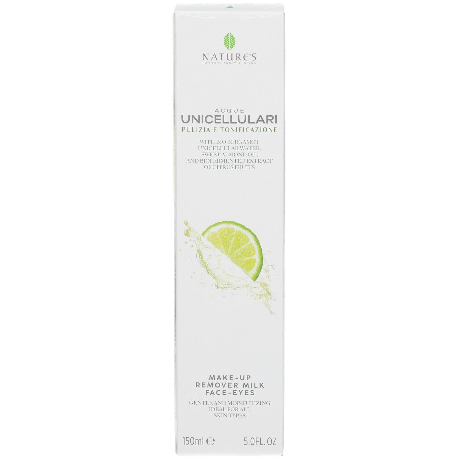 Scatola bianca con stampa del prodotto. Scritta: NATURE'S, Acque Unicellulari, Latte Detergente Struccante Viso-Occhi, 150ml.