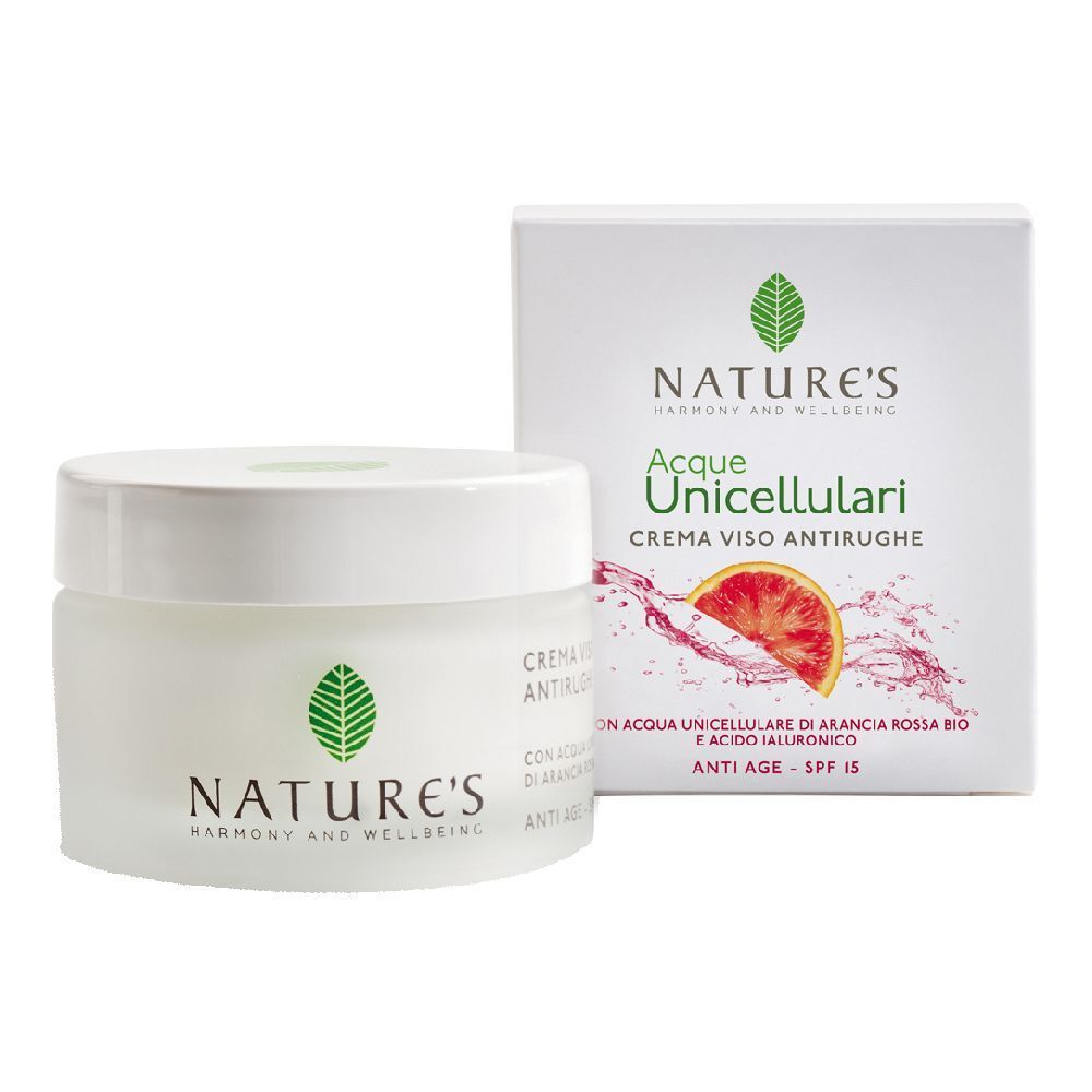 Vaso crema e scatola. Scritta NATURE'S, Crema Viso Antirughe SPF15. Con acqua di arancia rossa e acido ialuronico.