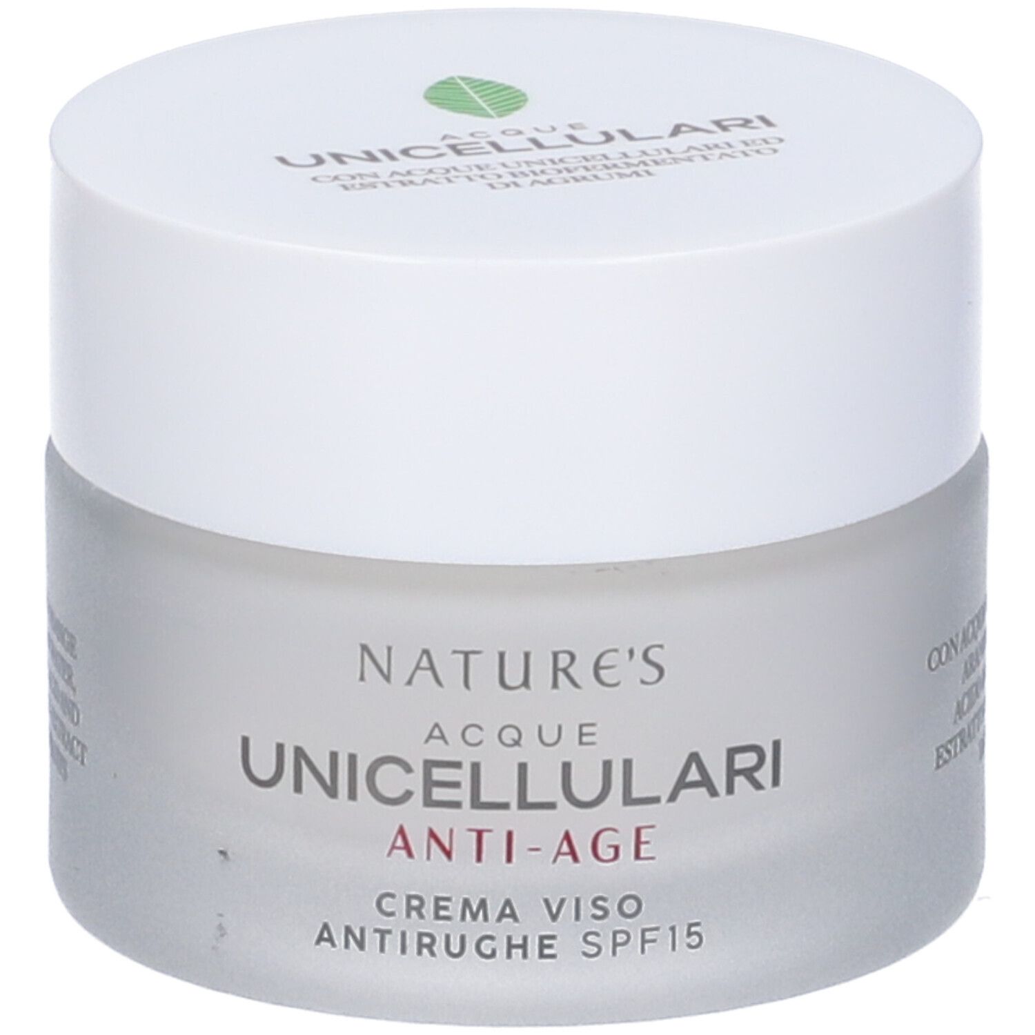Vaso crema. Scritta NATURE'S, Acque Unicellulari Anti-Age, Crema Viso Antirughe SPF15. Coperchio bianco.