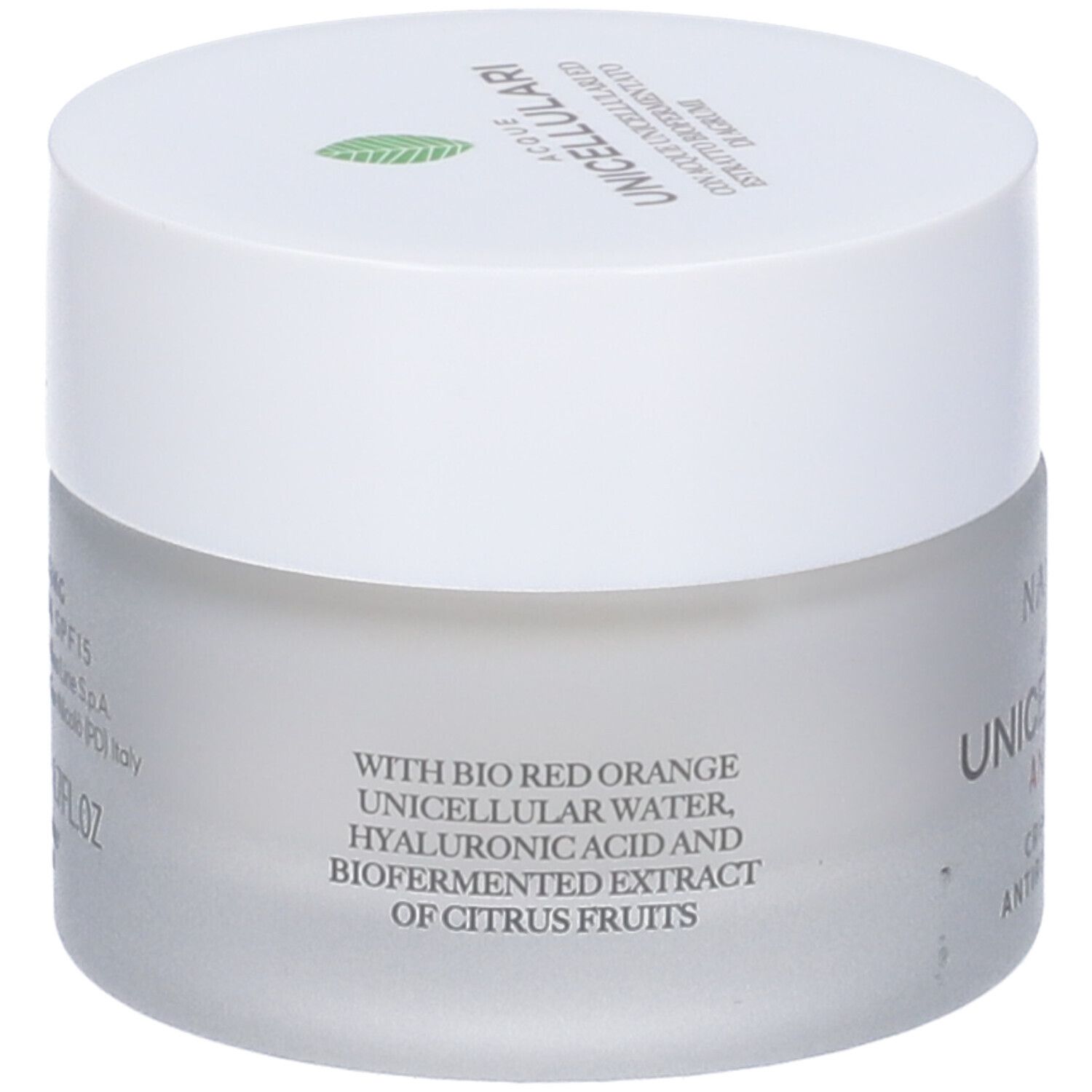 Vaso crema. Scritta NATURE'S, Acque Unicellulari Anti-Age, Crema Viso Antirughe SPF15. Con ingredienti.