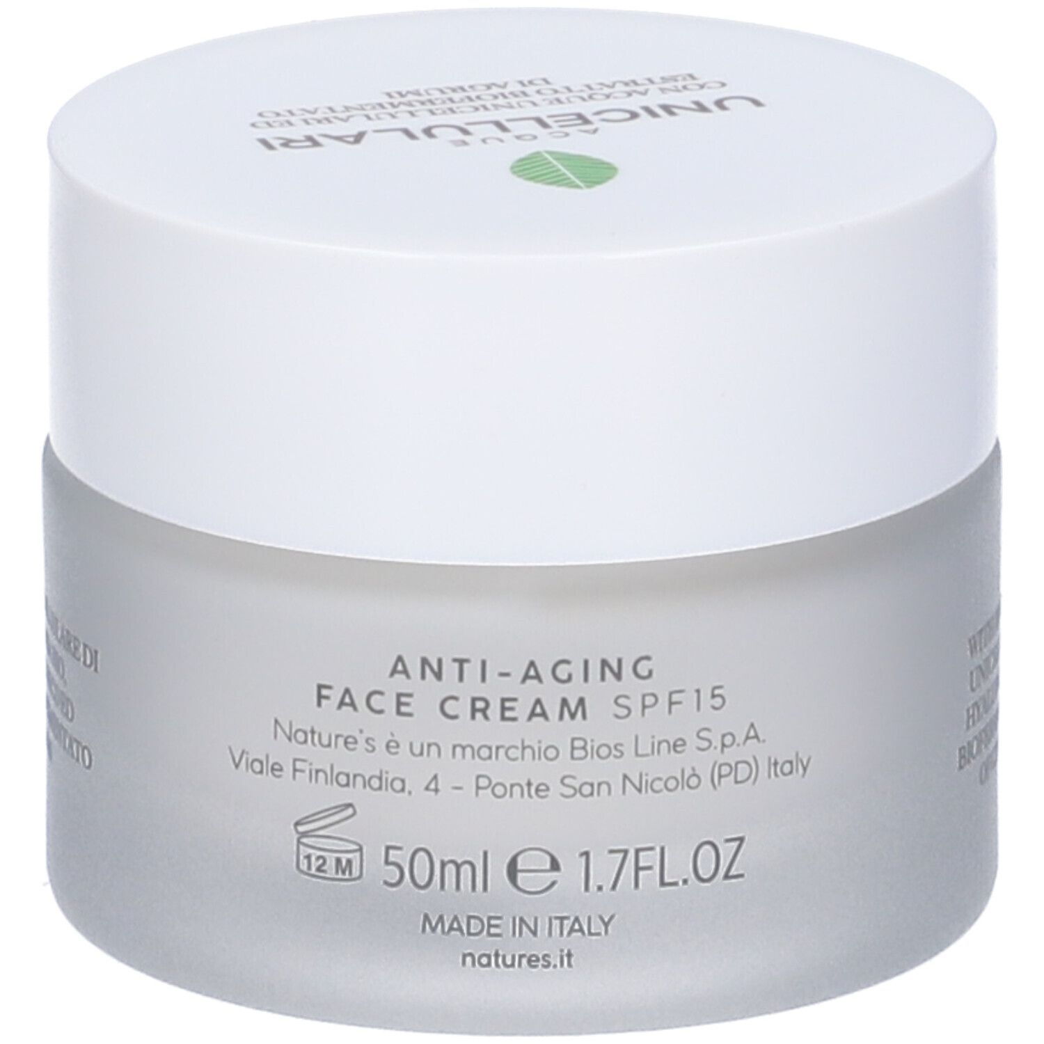 Vaso crema. Scritta Anti-Aging Face Cream SPF15. 50ml, 1.7 FL.OZ. Prodotto in Italia.