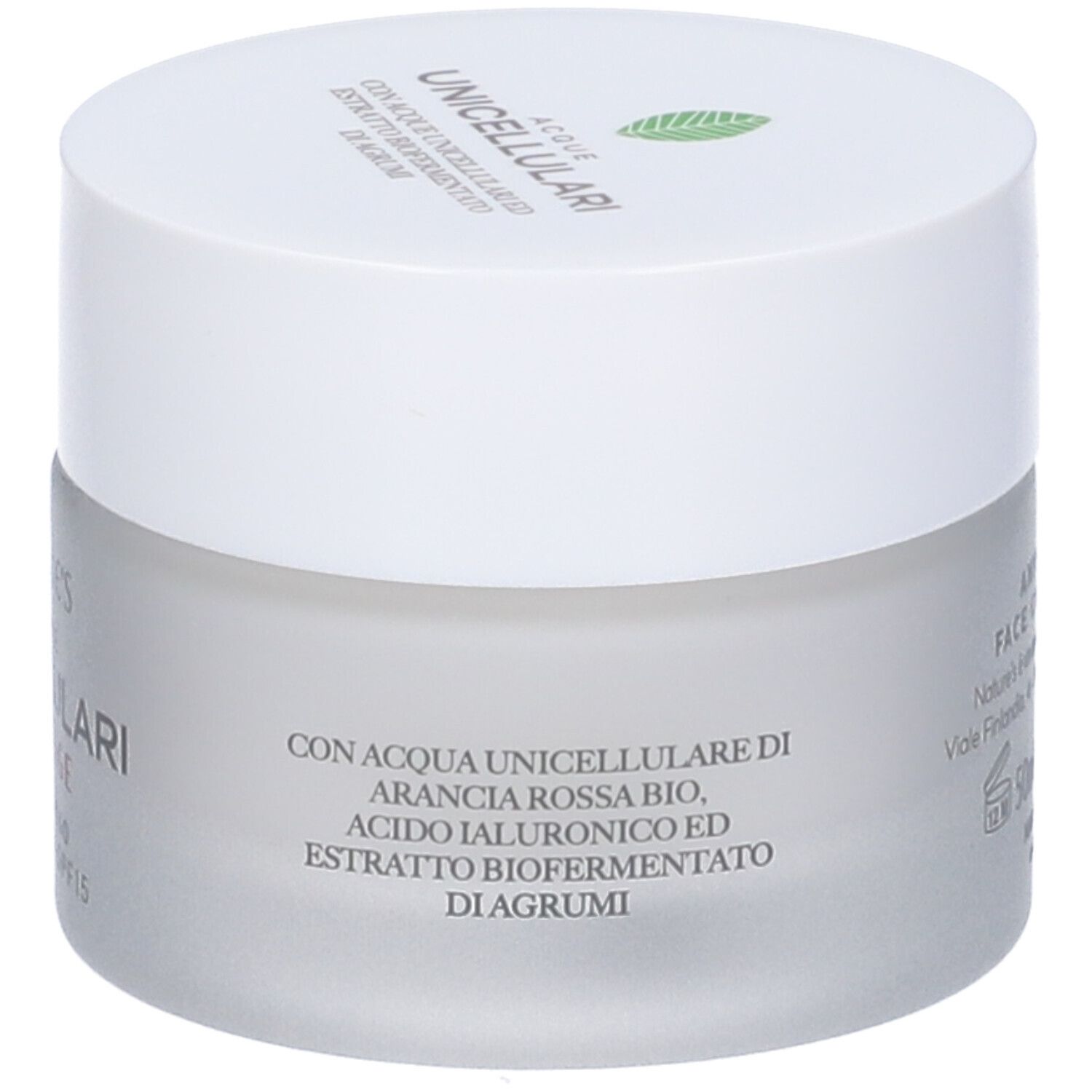 Vaso crema. Scritta NATURE'S, Acque Unicellulari, Crema Viso Antirughe SPF15. Con ingredienti.