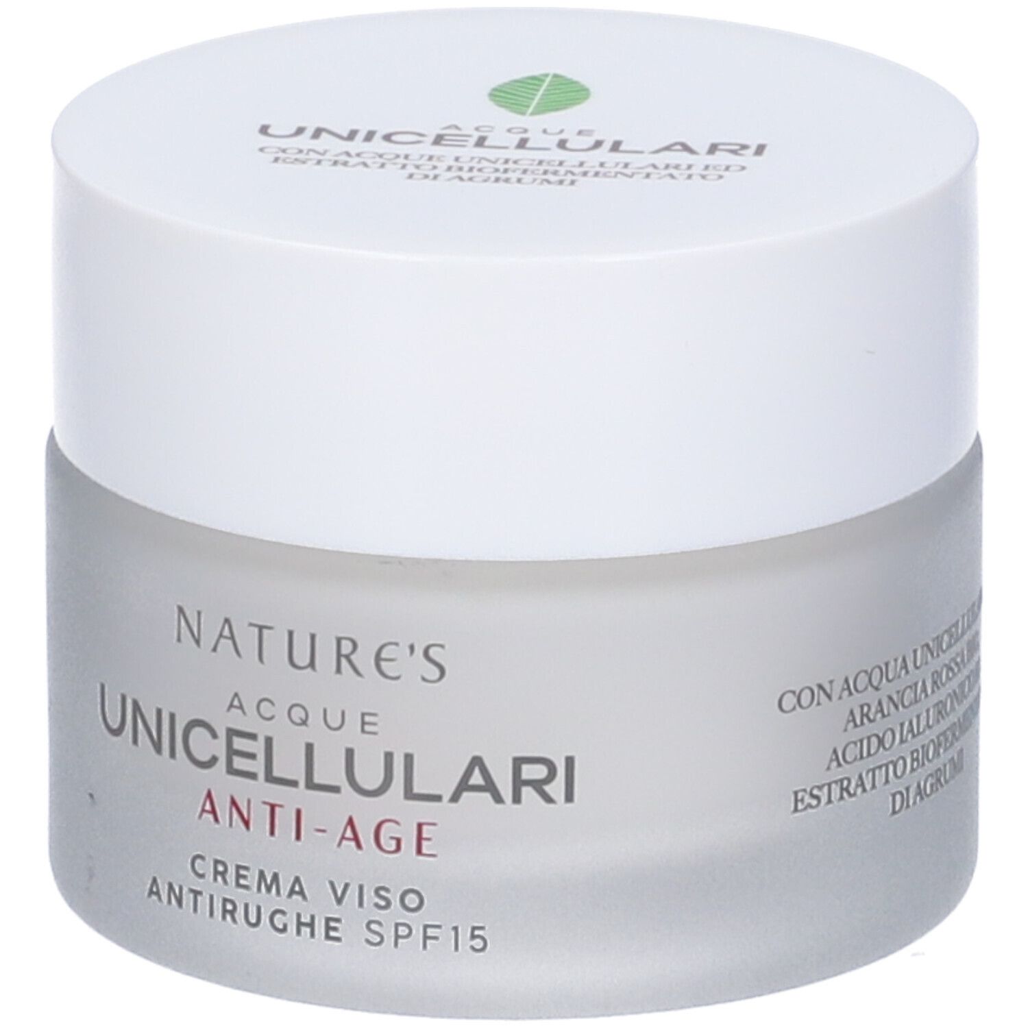 Vaso crema. Scritta NATURE'S, Acque Unicellulari Anti-Age, Crema Viso Antirughe SPF15. Coperchio bianco.