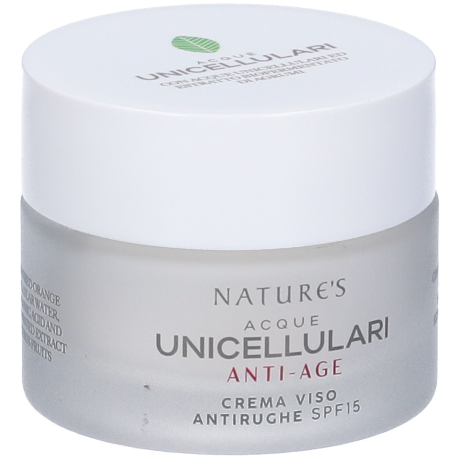 Vaso crema. Scritta NATURE'S, Acque Unicellulari Anti-Age, Crema Viso Antirughe SPF15. Con ingredienti.