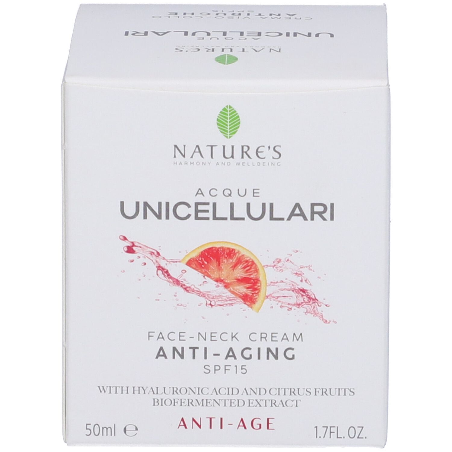 Scatola. Scritta NATURE'S, Acque Unicellulari, Anti-Aging SPF15. 50ml, 1.7 FL.OZ. Con arancia rossa.
