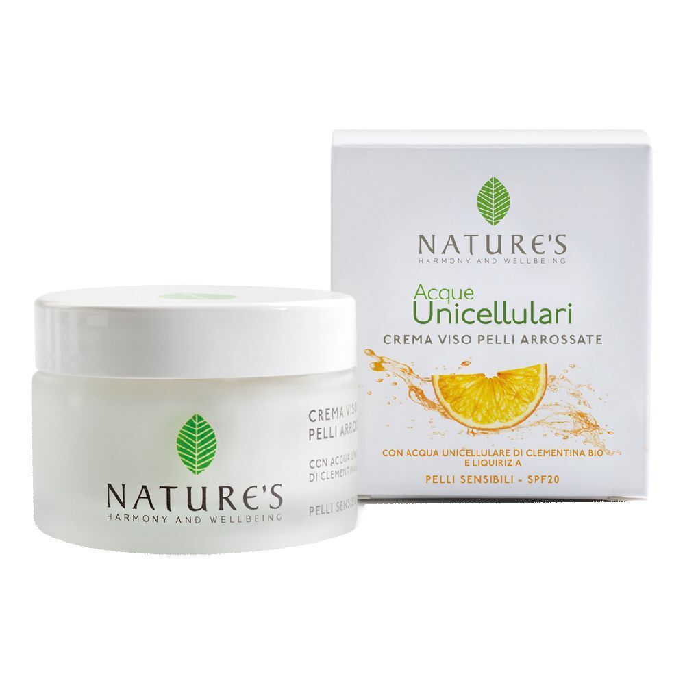 Crema Viso Pelli Arrossate SPF20. Vaso e confezione. Scritta NATURE'S, Acque Unicellulari, Crema Viso Pelli Arrossate.