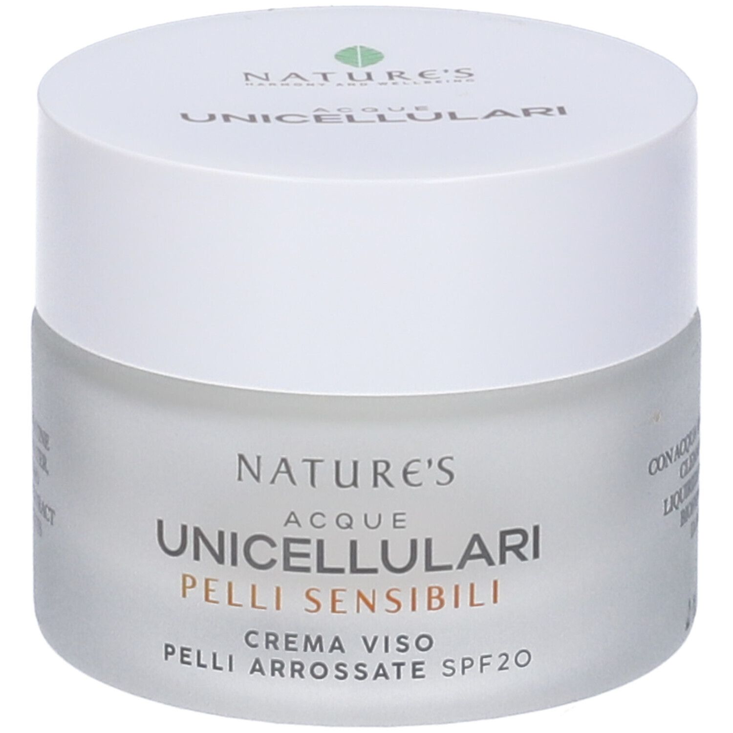 Crema Viso Pelli Arrossate SPF20. Vaso. Scritta NATURE'S, Acque Unicellulari, Pelli Sensibili, Crema Viso Pelli Arrossate SPF20.