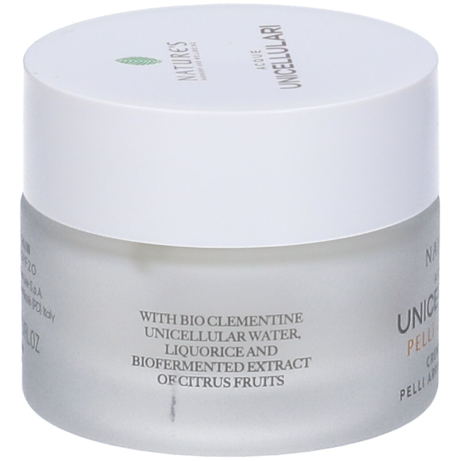 Crema Viso Pelli Arrossate SPF20. Vaso. Scritta NATURE'S, Acque Unicellulari, Pelli Sensibili, Ingredienti.