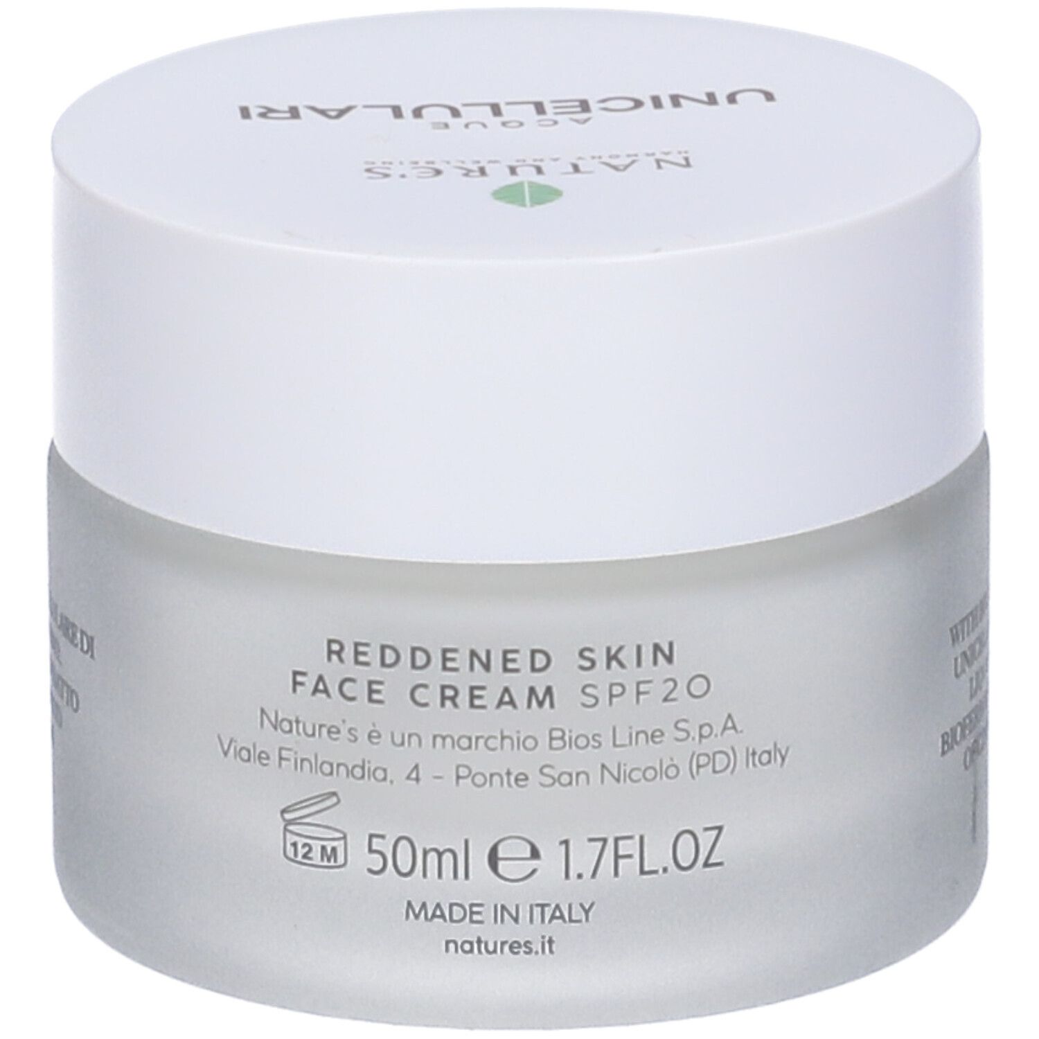 Crema Viso Pelli Arrossate SPF20. Vaso. Scritta NATURE'S, Acque Unicellulari, Pelli Sensibili, 50ml, 1.7FL.OZ.