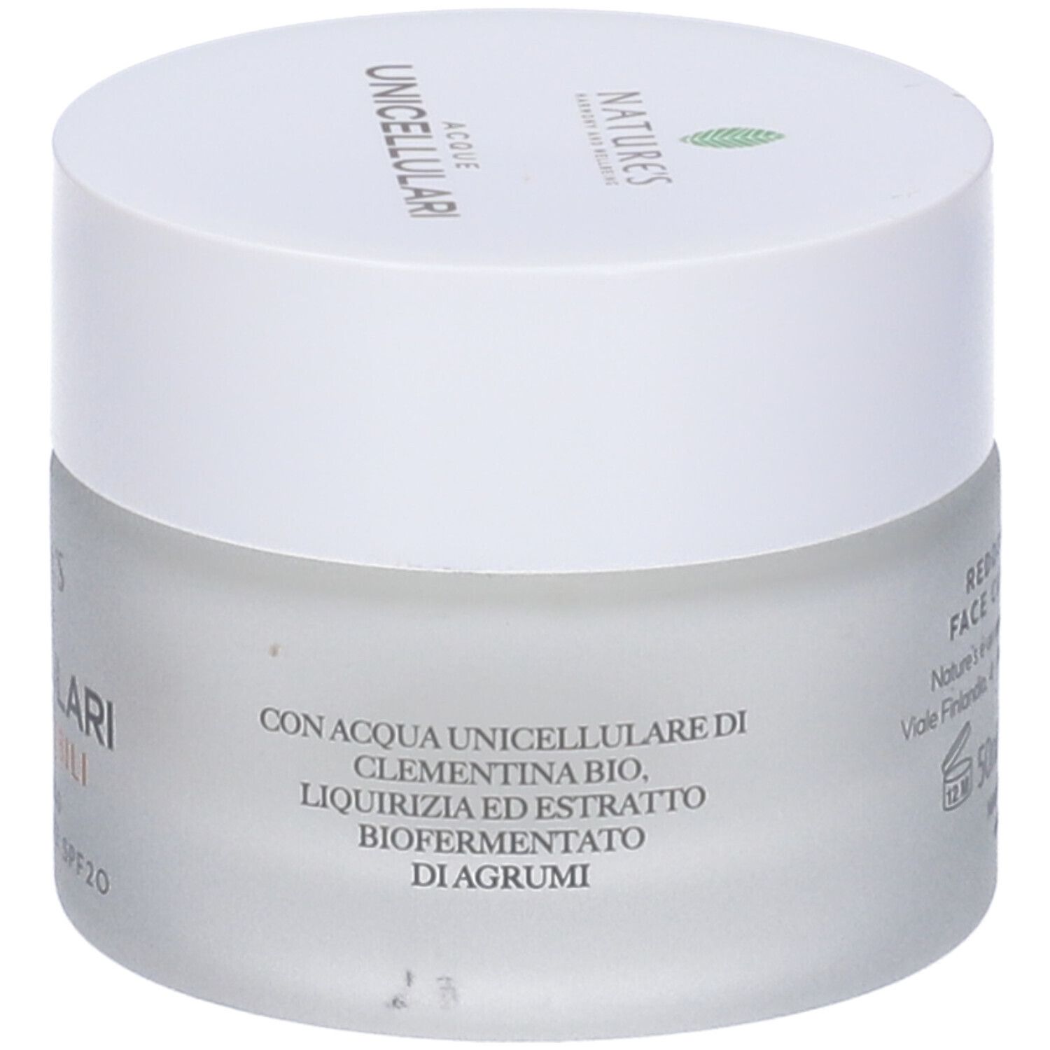Crema Viso Pelli Arrossate SPF20. Vaso. Scritta NATURE'S, Acque Unicellulari, Pelli Sensibili, Ingredienti.