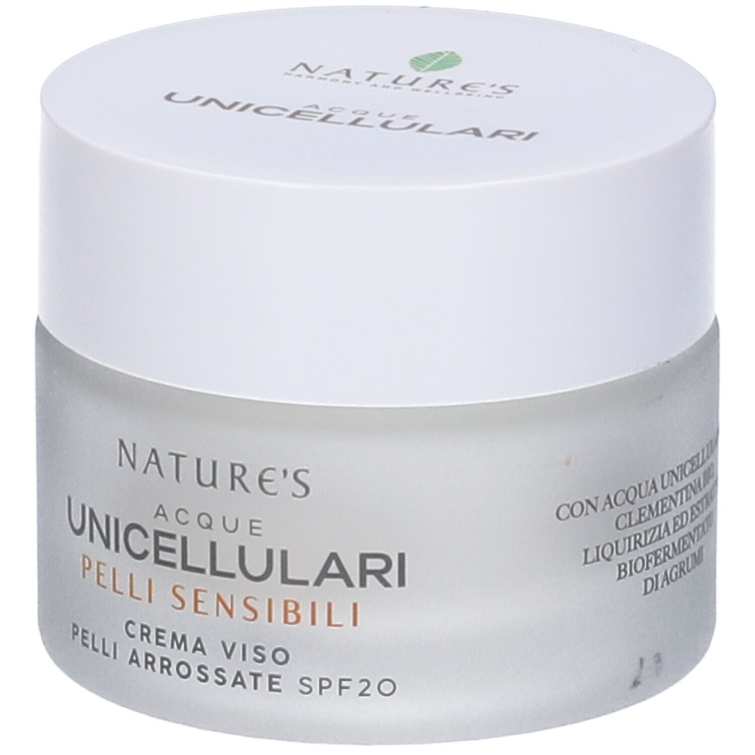 Crema Viso Pelli Arrossate SPF20. Vaso. Scritta NATURE'S, Acque Unicellulari, Pelli Sensibili, Crema Viso Pelli Arrossate SPF20.