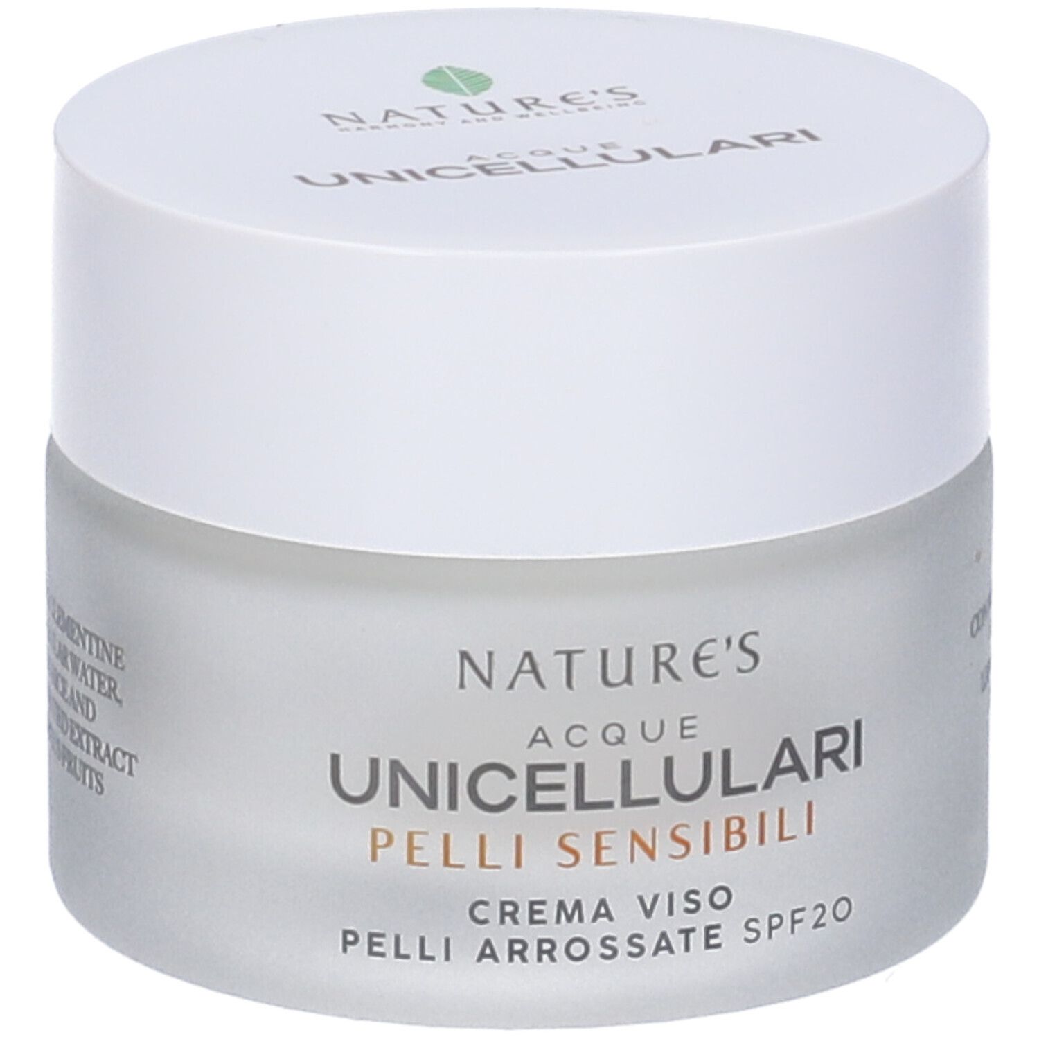 Crema Viso Pelli Arrossate SPF20. Vaso. Scritta NATURE'S, Acque Unicellulari, Pelli Sensibili, Crema Viso Pelli Arrossate SPF20.