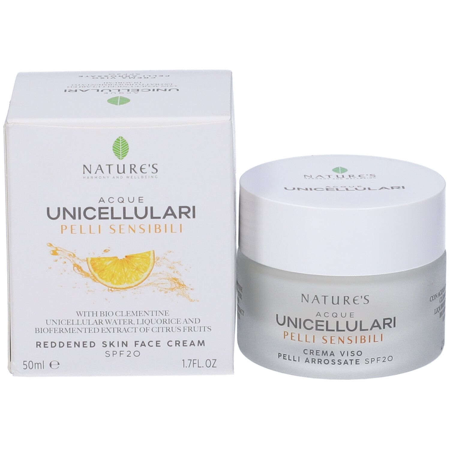 Crema Viso Pelli Arrossate SPF20. Vaso e confezione. Scritta NATURE'S, Acque Unicellulari, Pelli Sensibili, 50ml, 1.7FL.OZ.