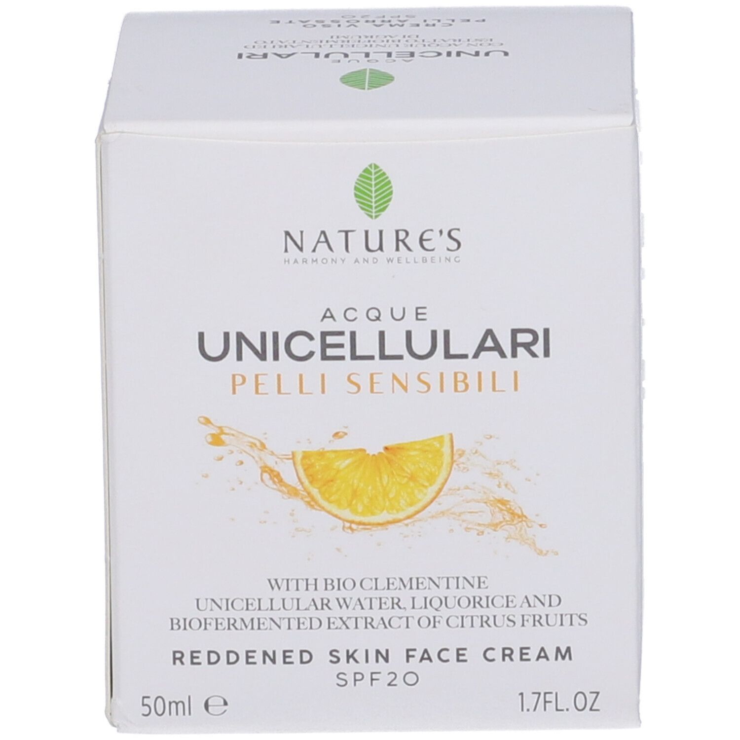 Confezione Crema Viso Pelli Arrossate SPF20. Scritta NATURE'S, Acque Unicellulari, Pelli Sensibili, 50ml, 1.7FL.OZ.