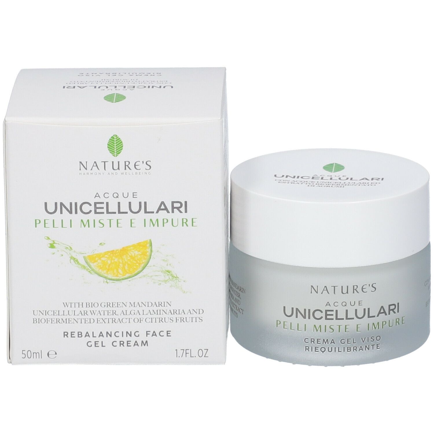 Crema Gel Viso Riequilibrante NATURE'S. Prodotto e confezione. Scritta: Acque Unicellulari, Pelli Miste e Impure, Rebalancing Face Gel Cream.