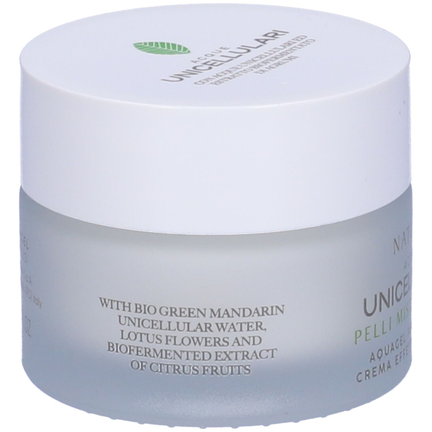 Creme-Tiegel mit Deckel. Aufschrift: NATURE'S Acque Unicellulari. Text: With Bio Green Mandarin, Unicellular Water, Lotus Flowers.