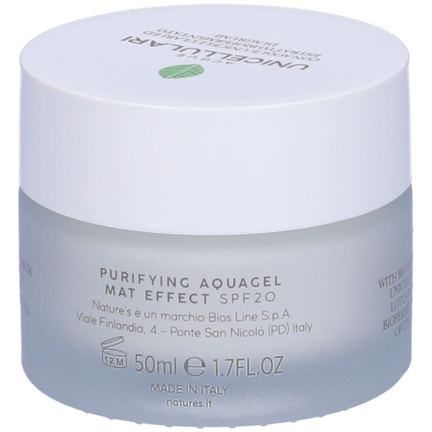 Creme-Tiegel mit Deckel. Aufschrift: Purifying Acquagel Mat Effect SPF20. 50ml, 1.7FL.OZ. Made in Italy. Adresse.