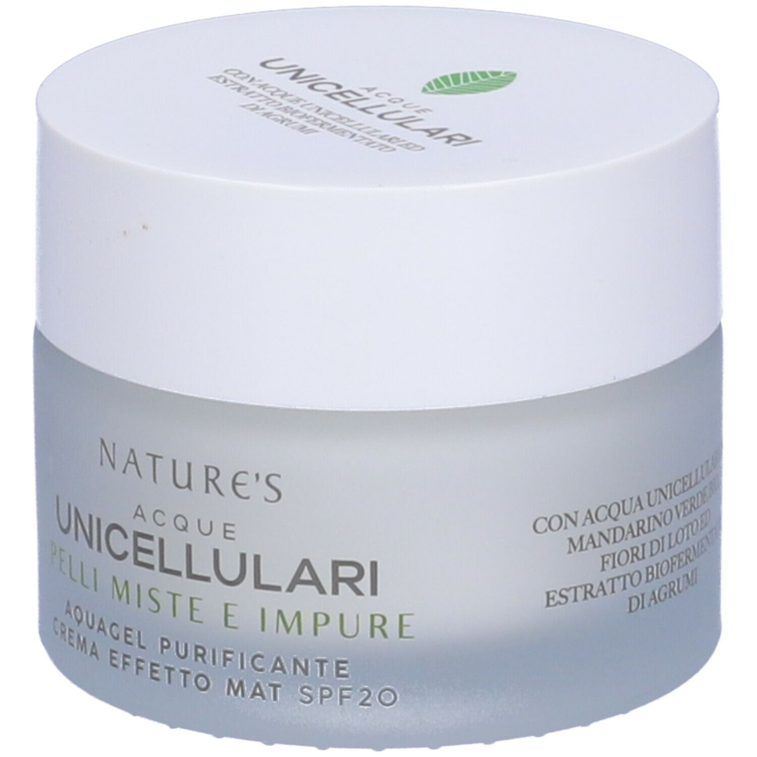 Creme-Tiegel mit Deckel. Aufschrift: NATURE'S Acque Unicellulari, Pelli Miste e Impure, Acquagel Purificante Crema Effetto Mat Spf20.