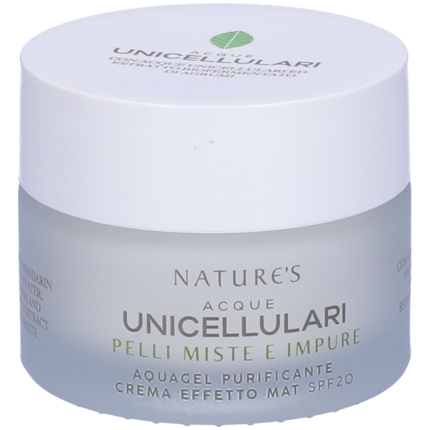 Creme-Tiegel mit Deckel. Aufschrift: NATURE'S Acque Unicellulari, Pelli Miste e Impure, Acquagel Purificante Crema Effetto Mat Spf20.