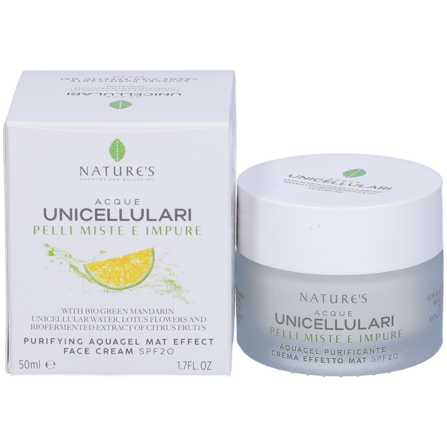 Creme-Tiegel und Schachtel. Aufschrift: NATURE'S Acque Unicellulari, Pelli Miste e Impure, Acquagel Purificante Crema Effetto Mat Spf20.