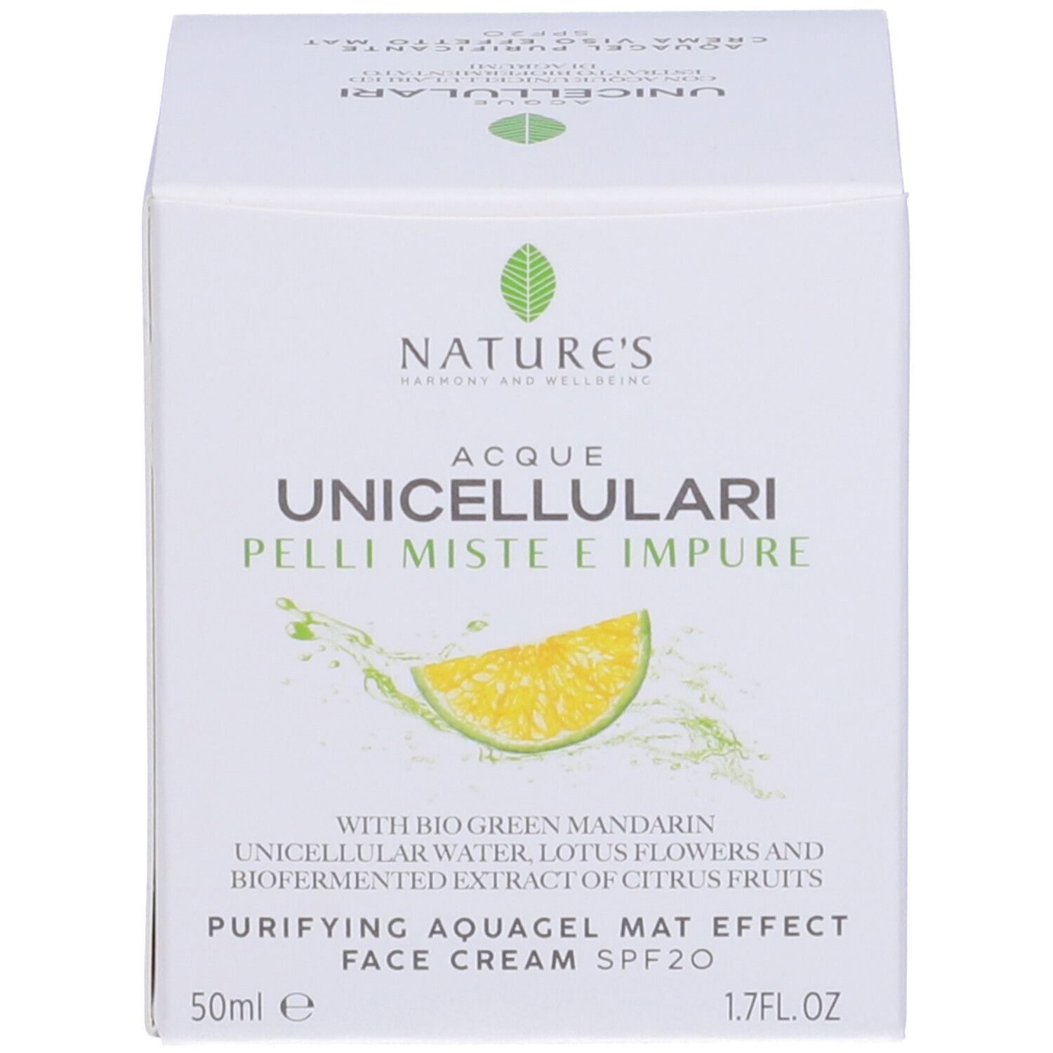 Schachtel. Aufschrift: NATURE'S Acque Unicellulari, Pelli Miste e Impure, Purifying Acquagel Mat Effect Face Cream SPF20. 50ml, 1.7FL.OZ.