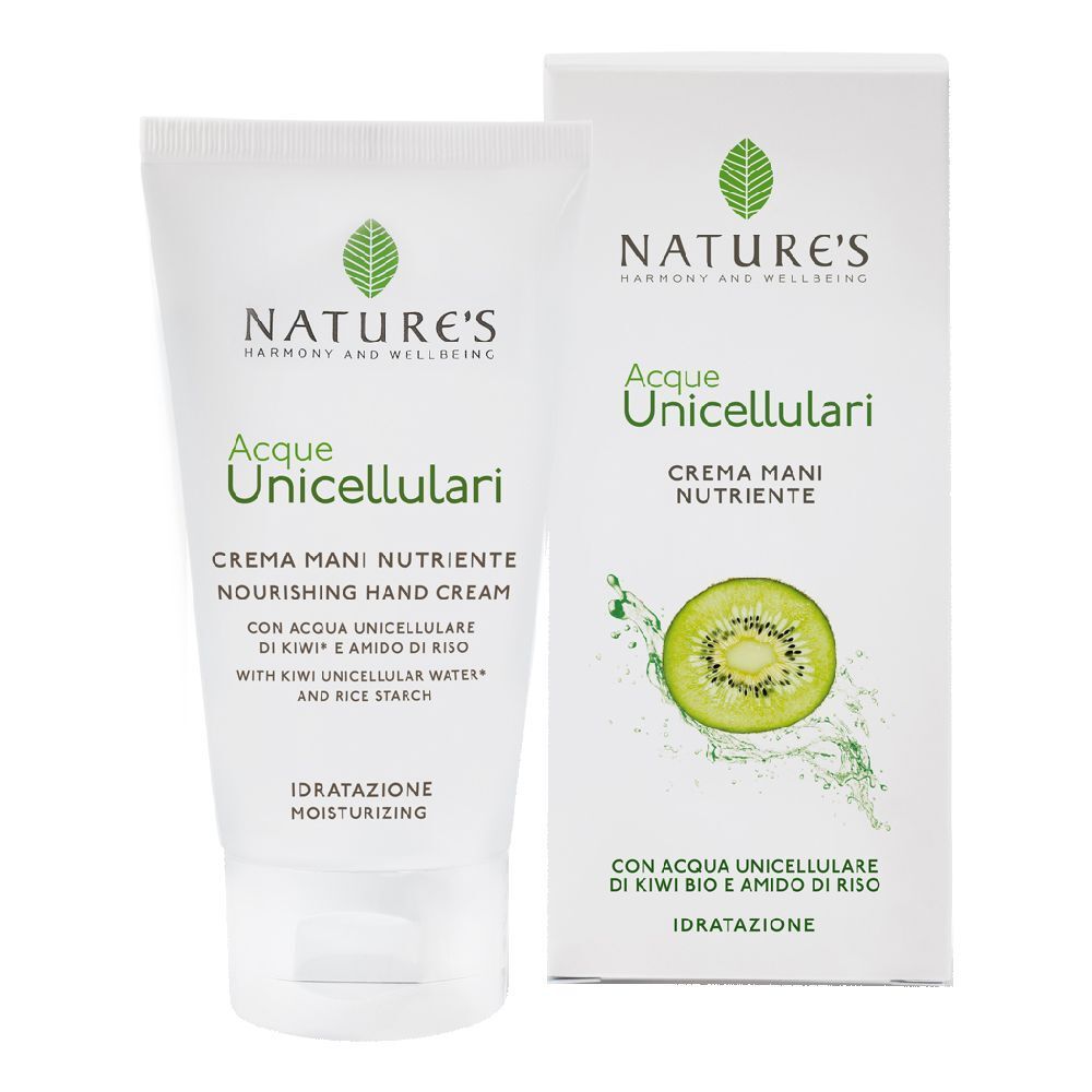 Tubo e scatola bianchi con stampa del prodotto. Scritta: NATURE'S, Acque Unicellulari, Crema Mani Nutriente. Illustrazione di kiwi.
