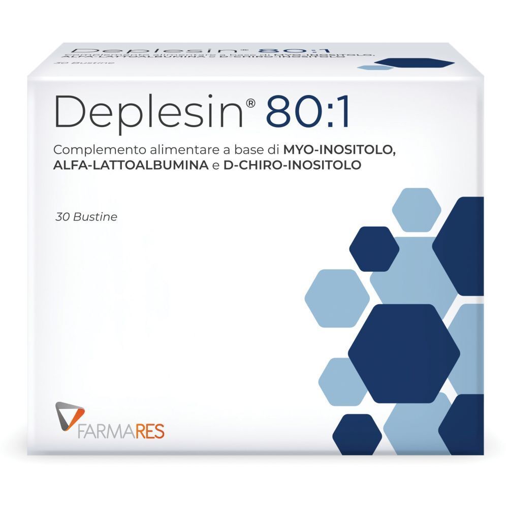 Scatola "Deplesin 80:1" con 30 bustine. Motivi geometrici blu e grigi. Marchio: Farmares.