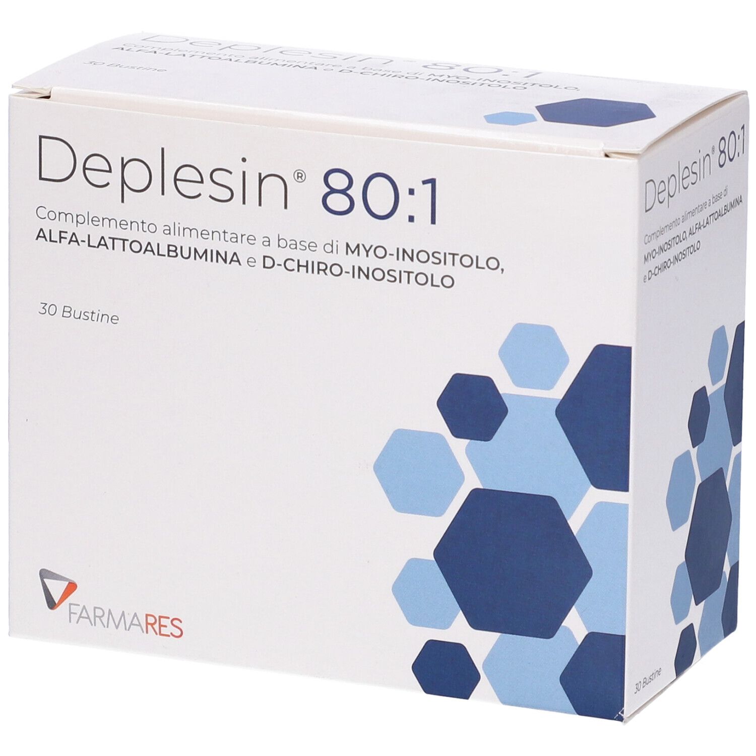 Scatola "Deplesin 80:1" con 30 bustine. Motivi geometrici blu e grigi. Marchio: Farmares. Vista angolata.