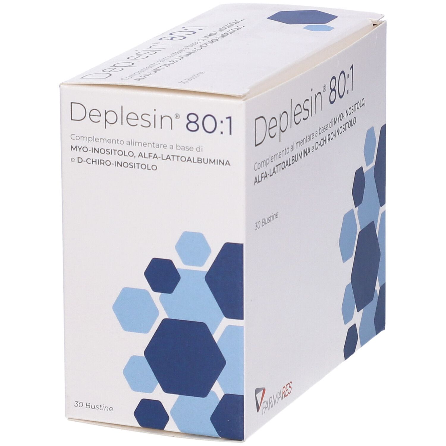 Scatola "Deplesin 80:1" con 30 bustine. Motivi geometrici blu e grigi. Marchio: Farmares. Vista angolata.