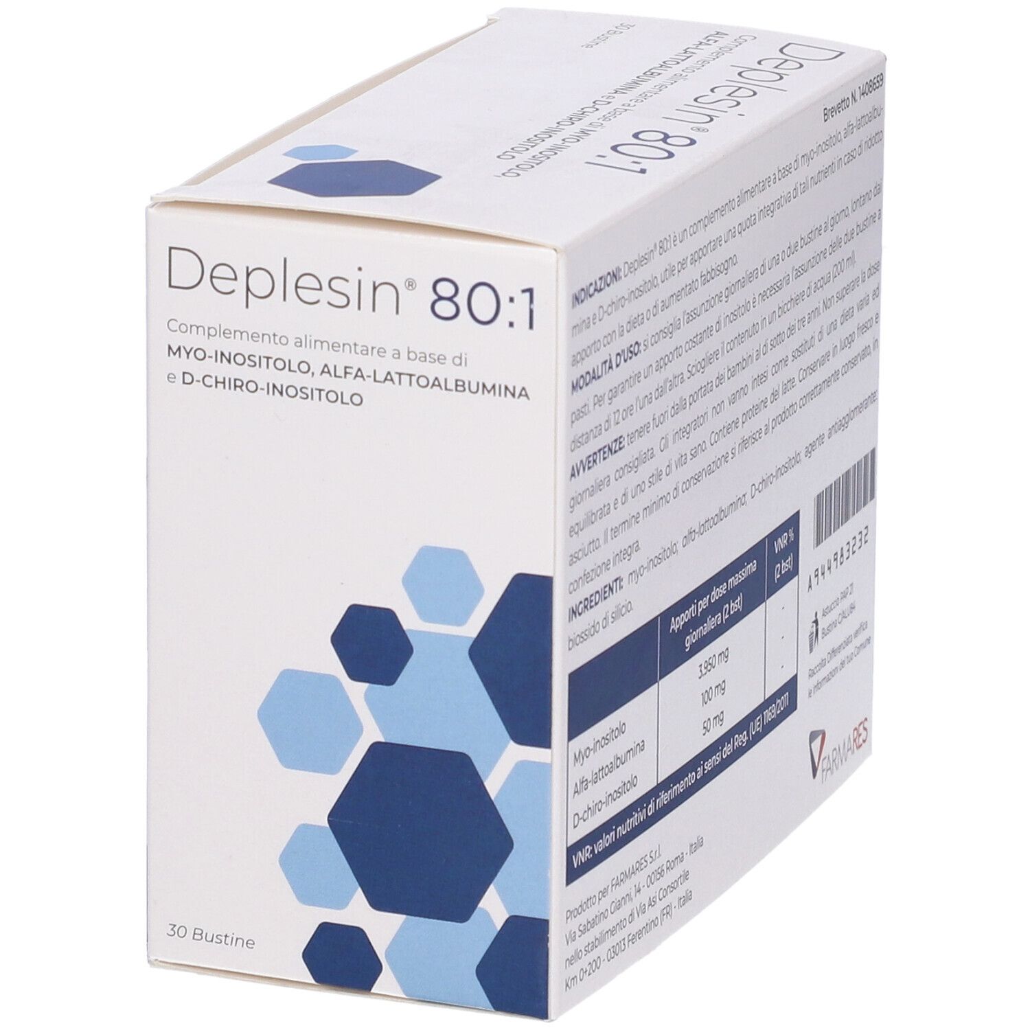 Scatola "Deplesin 80:1" con 30 bustine. Motivi geometrici blu e grigi. Marchio: Farmares. Vista angolata.
