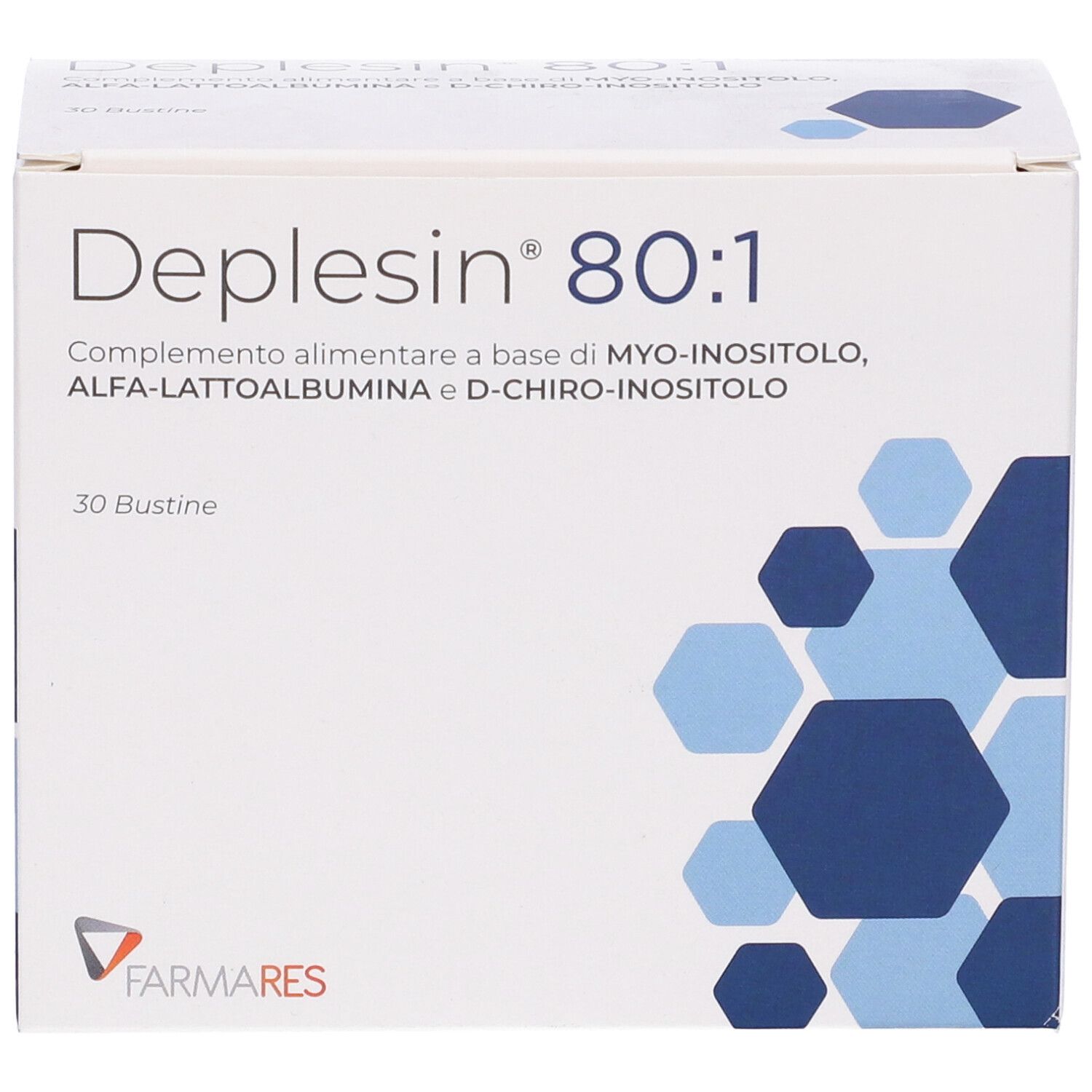 Scatola "Deplesin 80:1" con 30 bustine. Motivi geometrici blu e grigi. Marchio: Farmares.