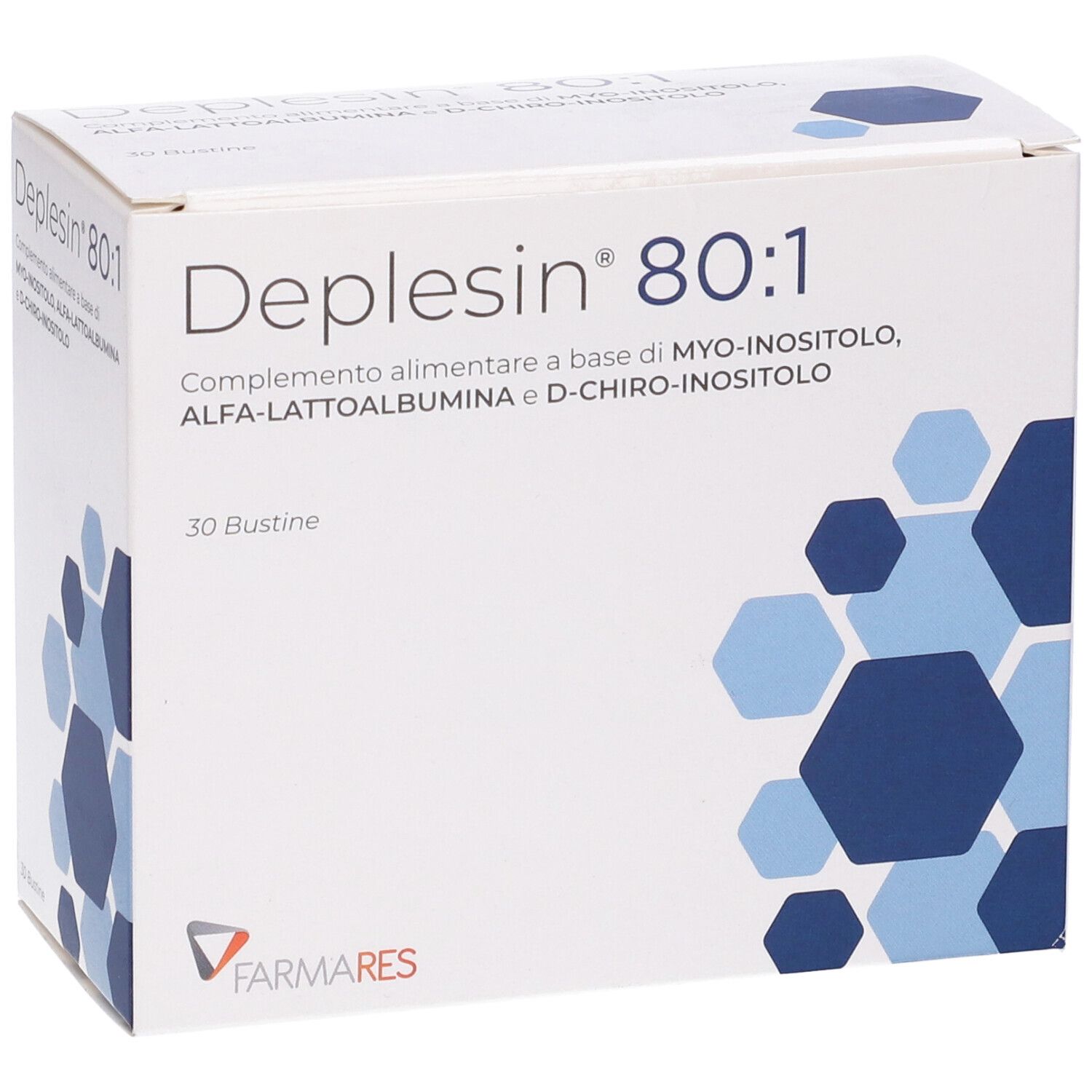 Scatola "Deplesin 80:1" con 30 bustine. Motivi geometrici blu e grigi. Marchio: Farmares.
