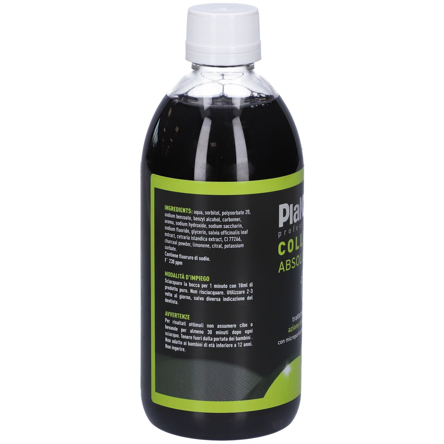 Flasche mit dunkler Mundspülung und weißem Verschluss. Etikett mit Inhaltsstoffen und Anwendungshinweisen.