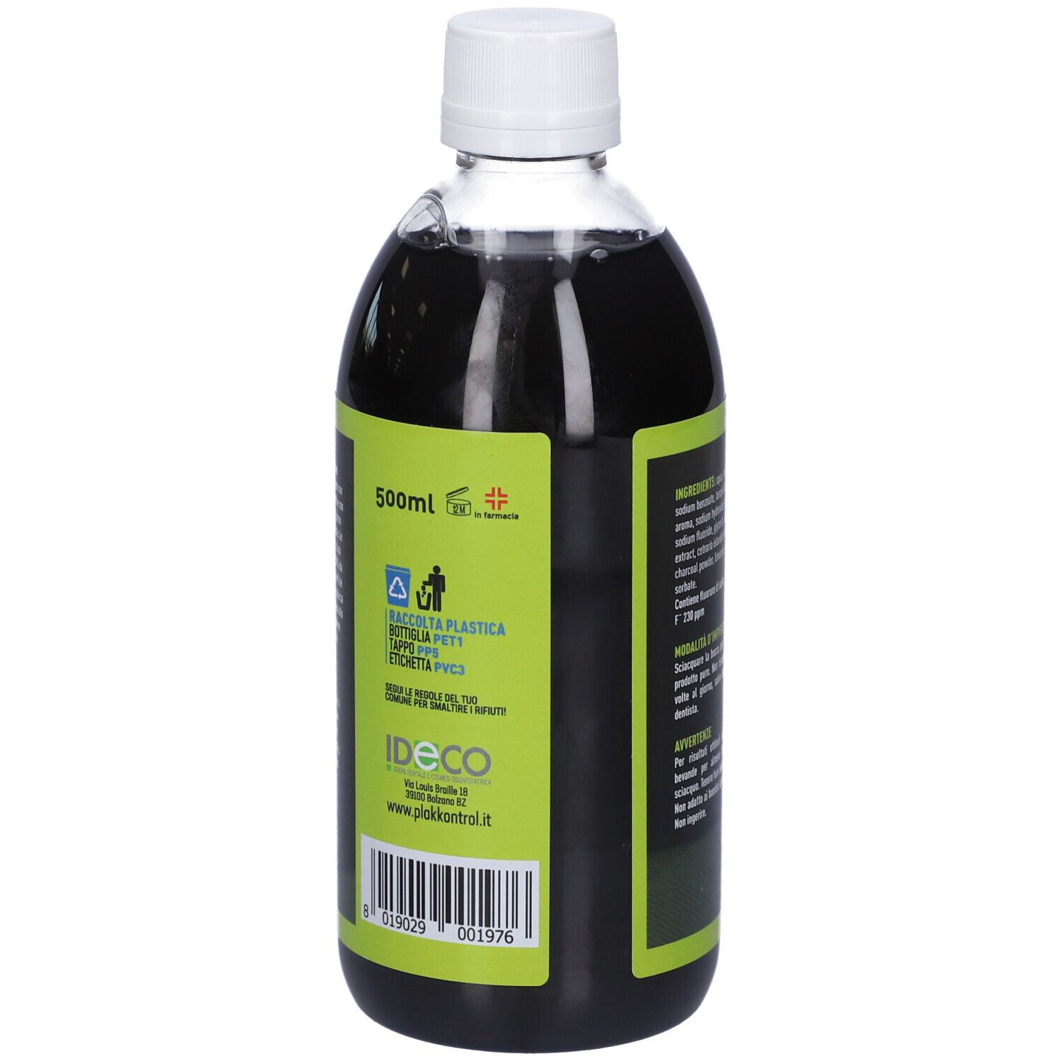 500ml Flasche mit dunkler Flüssigkeit und weißem Deckel. Grüne und schwarze Etiketten mit Text und Barcode.
