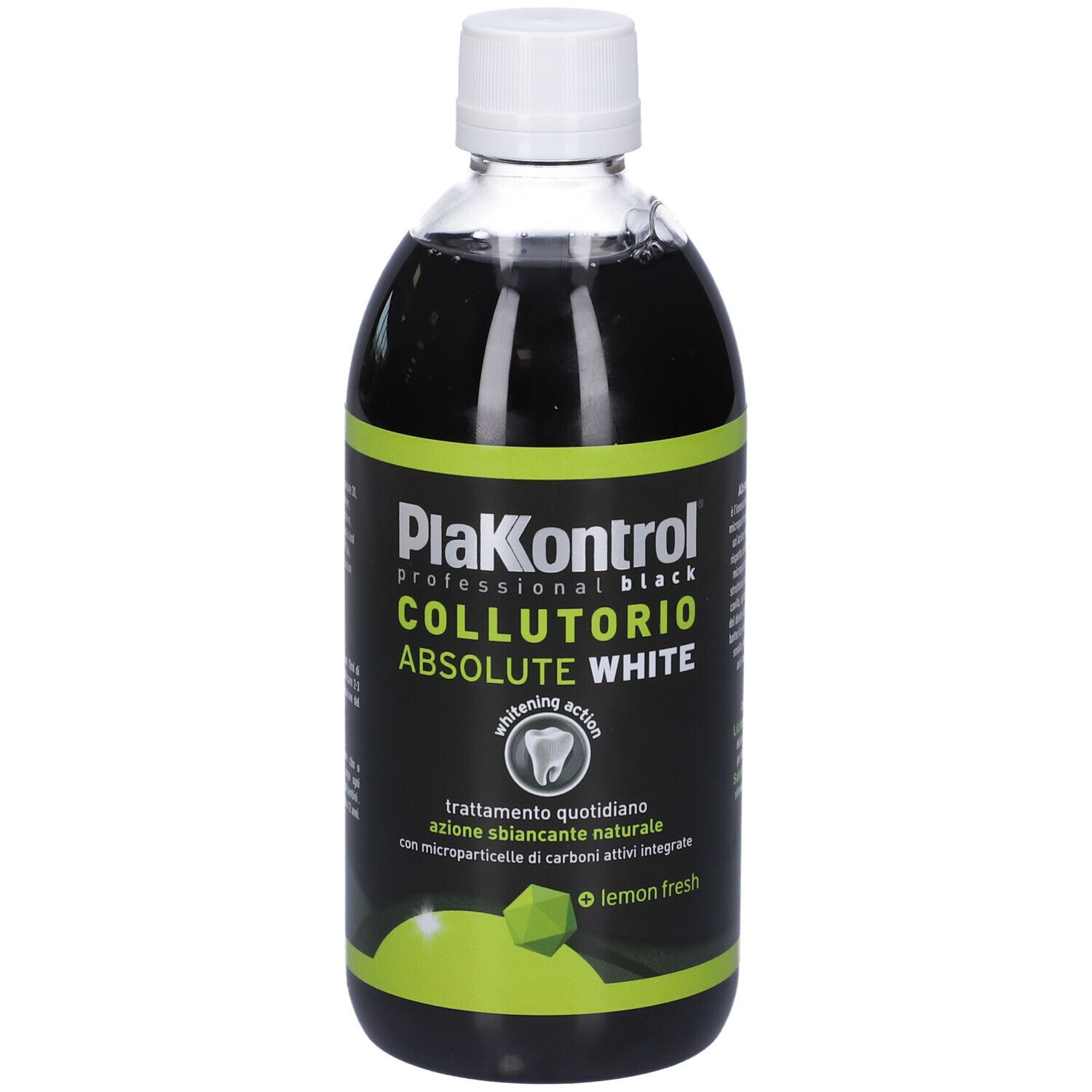 Schwarze Mundspülung in transparenter Flasche mit weißem Verschluss. Etikett mit 'PlaKontrol COLLUTORIO ABSOLUTE WHITE'.