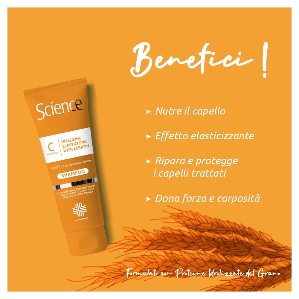 Orangefarbene Flasche "Science Vitalizing Elasticizing with Keratin Shampoo" neben einer Liste von Vorteilen und Weizenähren.