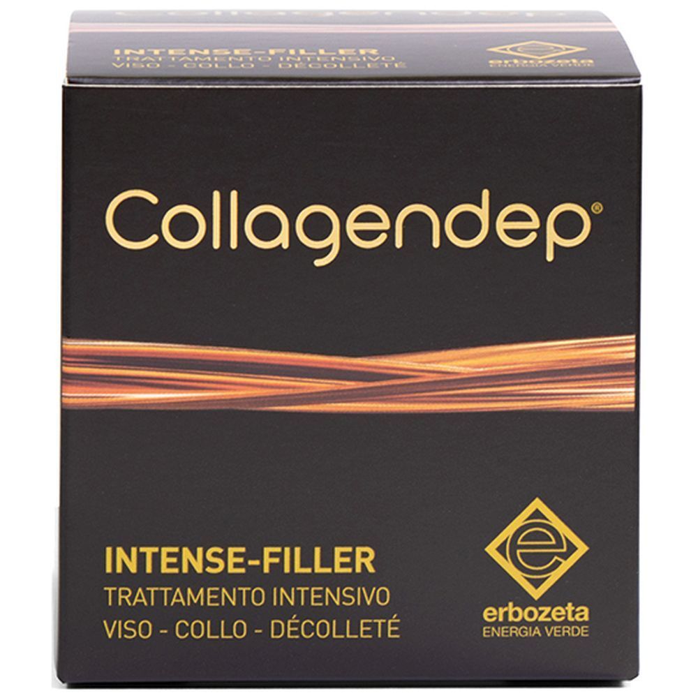 Scatola nera con scritta dorata Collagendep e descrizione prodotto. Logo e scritta 'Erbozeta'.