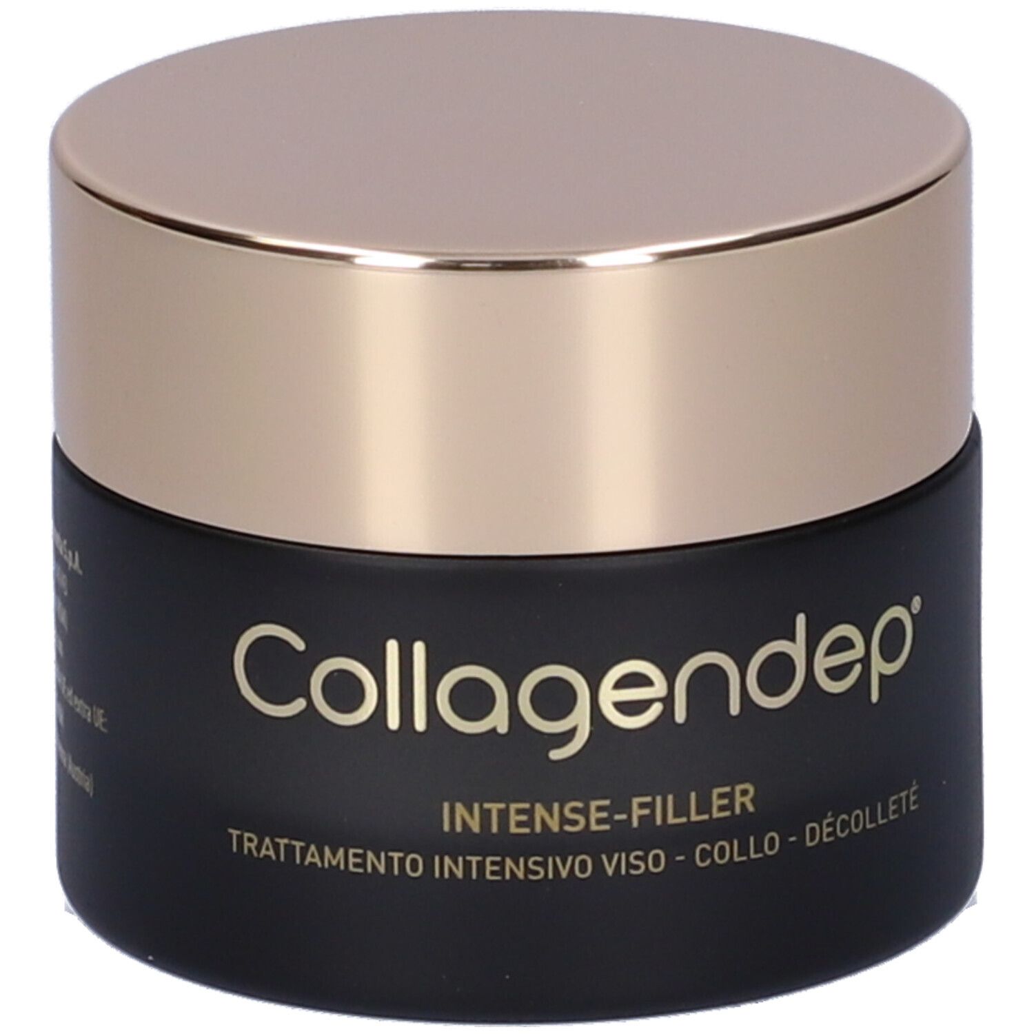 Vasetto nero con coperchio dorato. Scritta dorata Collagendep. Descrizione prodotto 'Intense-Filler'.