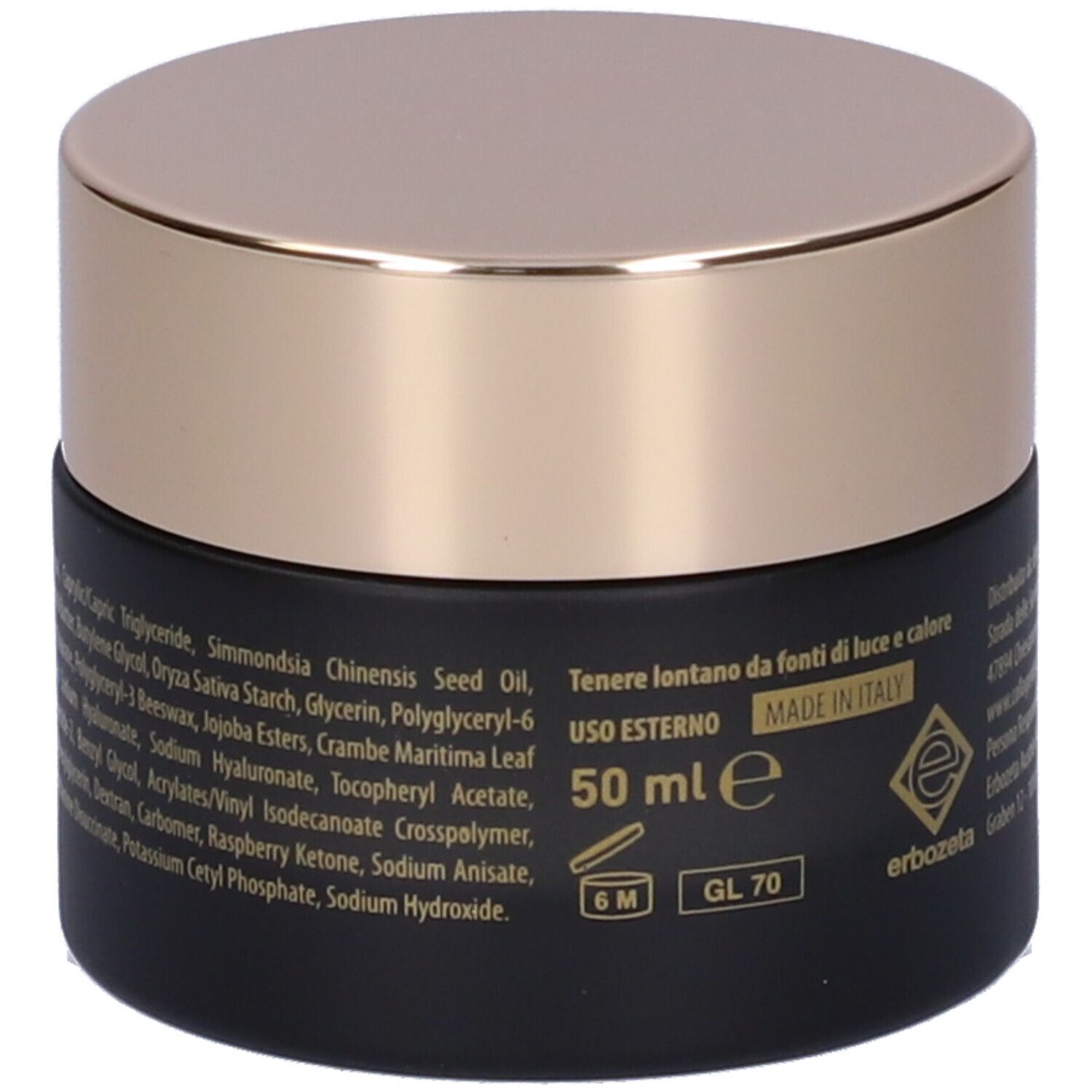Vasetto nero con coperchio dorato. Scritta Collagendep e informazioni prodotto. Volume: 50 ml.