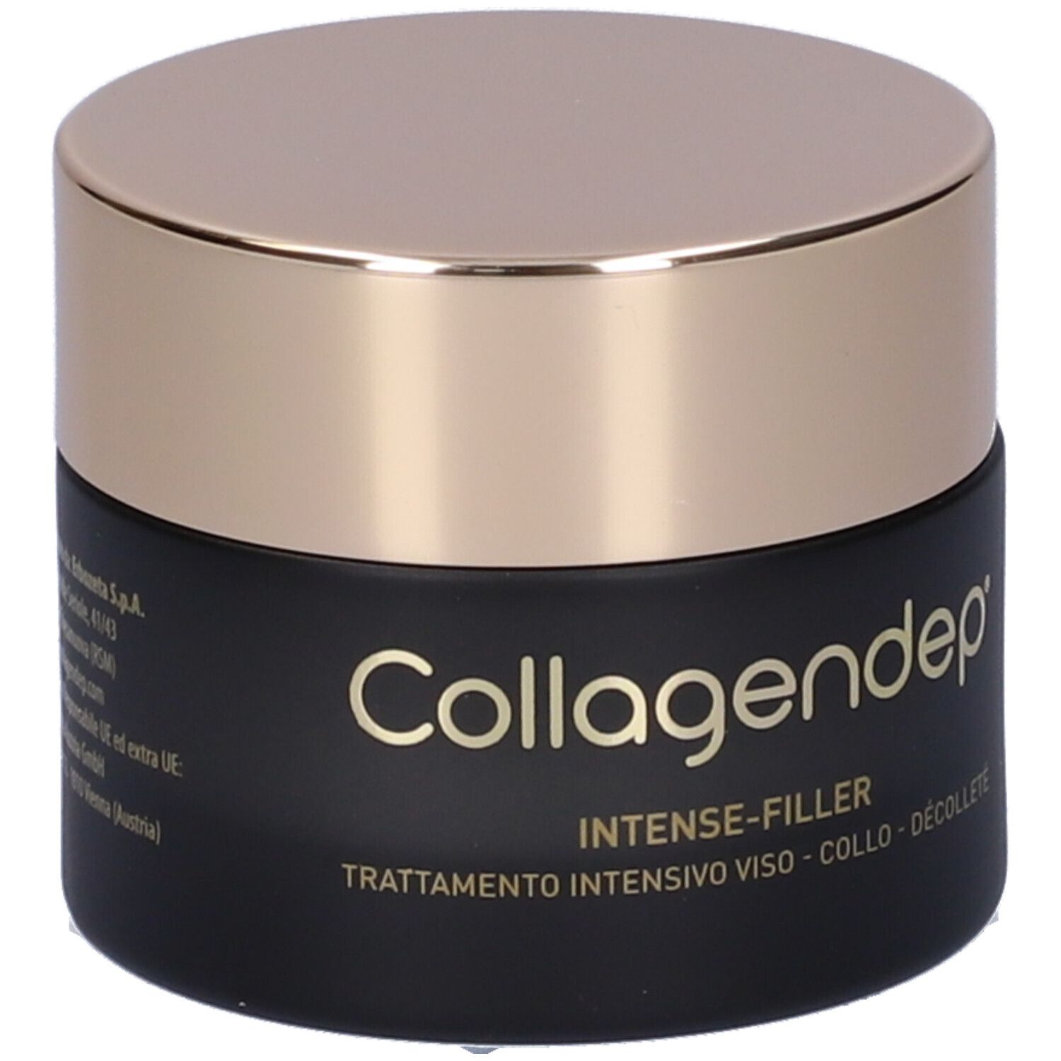 Vasetto nero con coperchio dorato. Scritta Collagendep e descrizione prodotto 'Intense-Filler'.