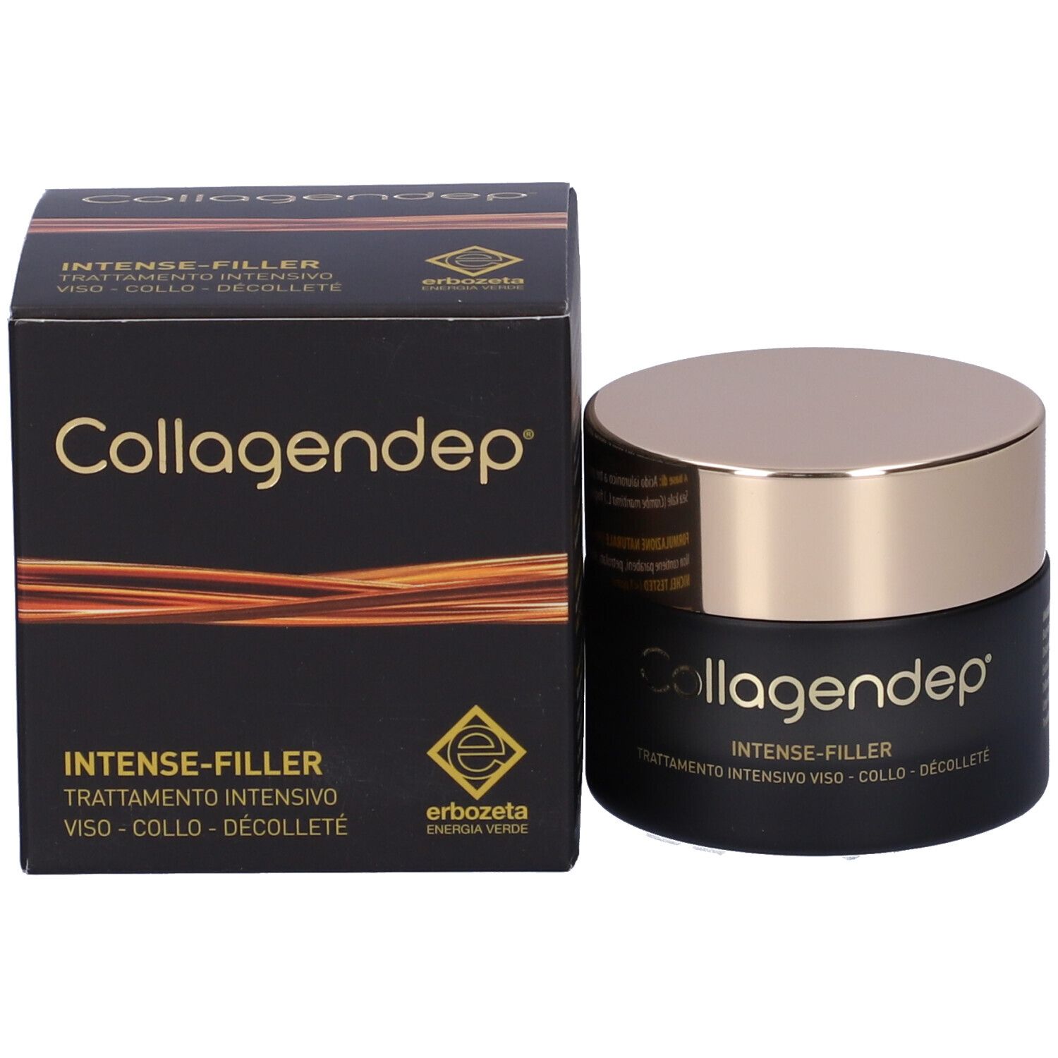 Vasetto nero con coperchio dorato e scatola nera. Scritta Collagendep e descrizione prodotto.