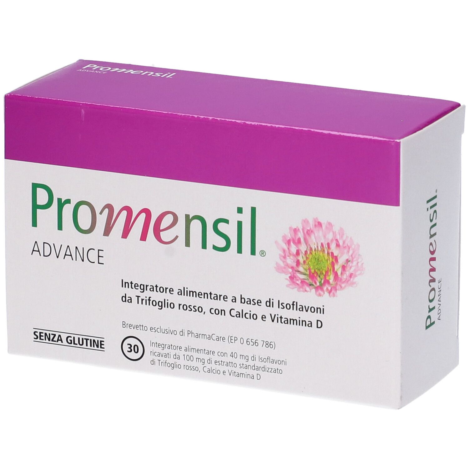 Scatola bianca e viola con logo "Promensil Advance" e trifoglio. Contiene 30 compresse. Scritto: "Senza glutine".