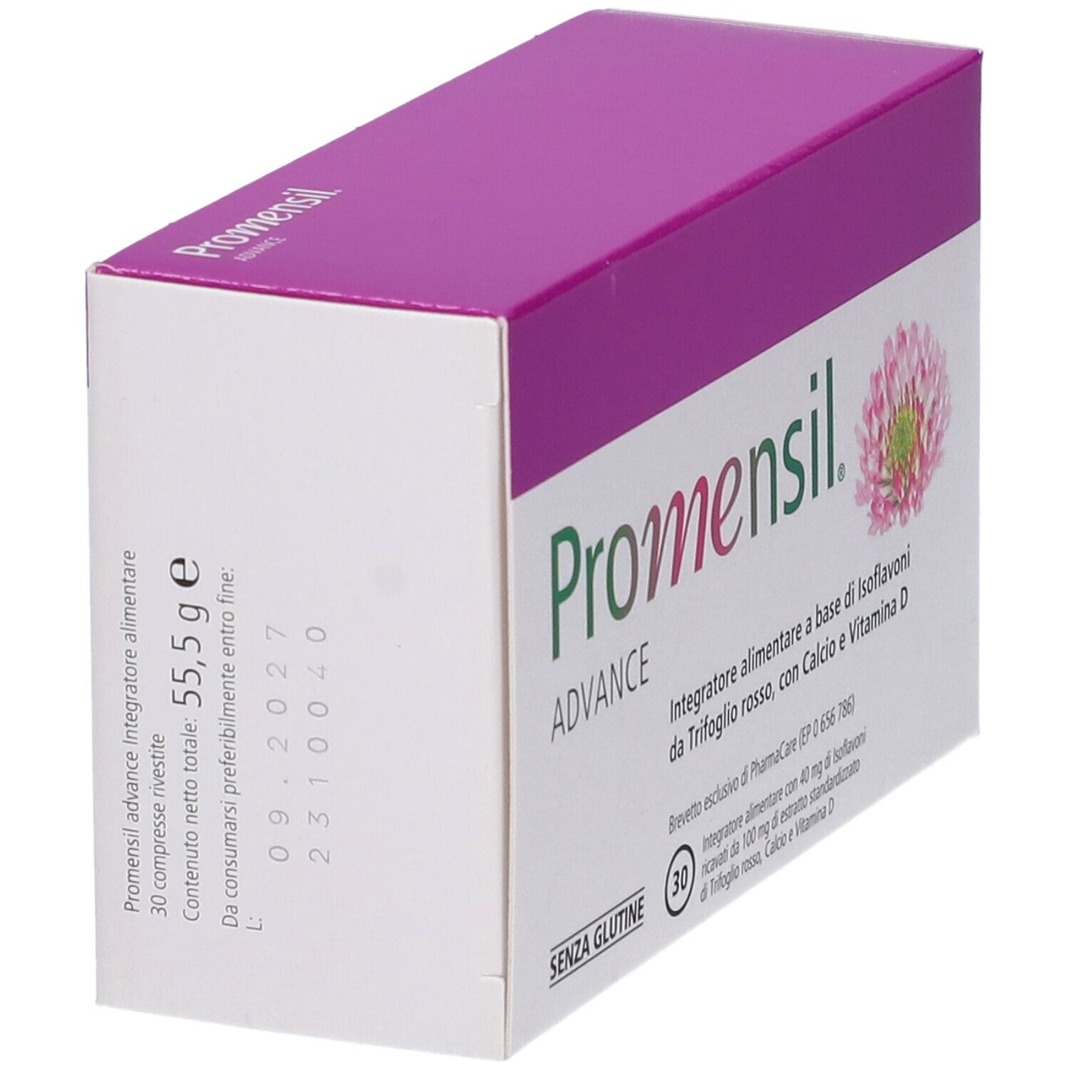 Scatola bianca e viola inclinata con logo "Promensil Advance". Contiene 30 compresse. Scritto: "Senza glutine".