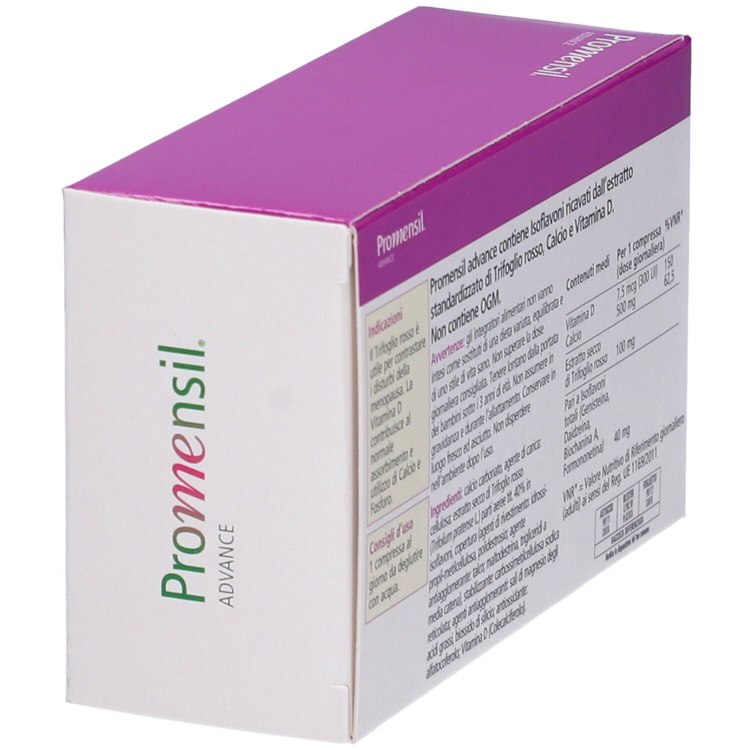 Scatola bianca e viola inclinata con logo "Promensil Advance" e informazioni sul lato.