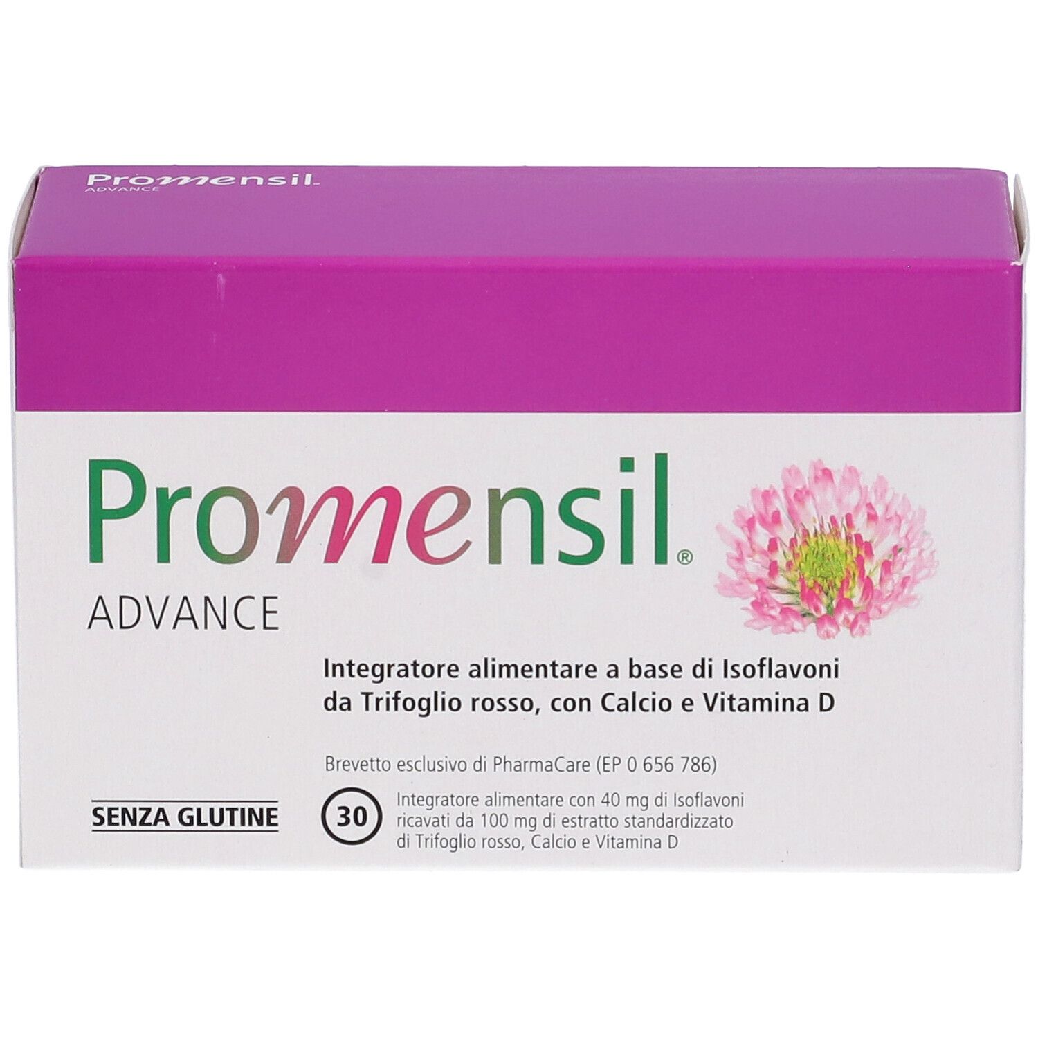 Scatola bianca e viola con logo "Promensil Advance" e trifoglio. Contiene 30 compresse. Scritto: "Senza glutine".