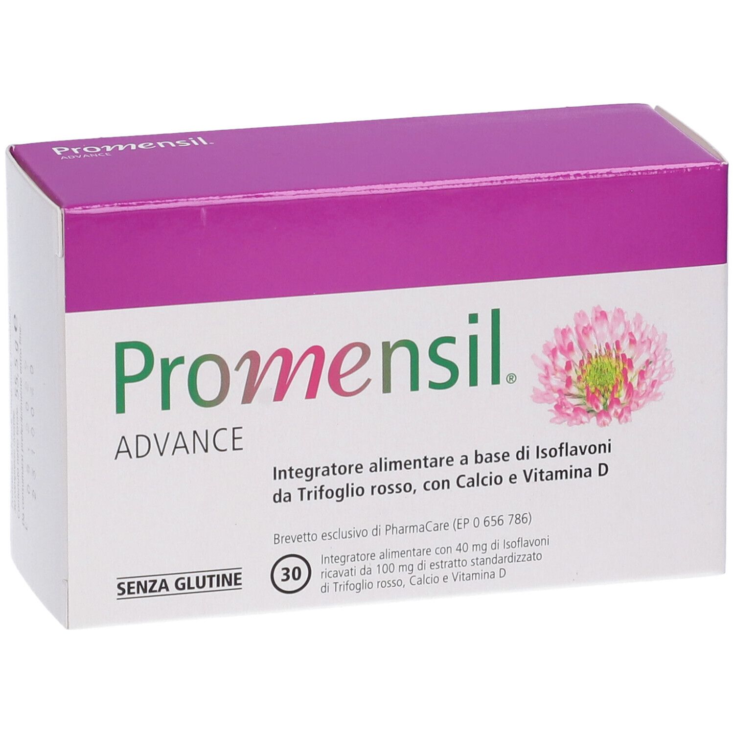 Scatola bianca e viola con logo "Promensil Advance" e trifoglio. Contiene 30 compresse. Scritto: "Senza glutine".