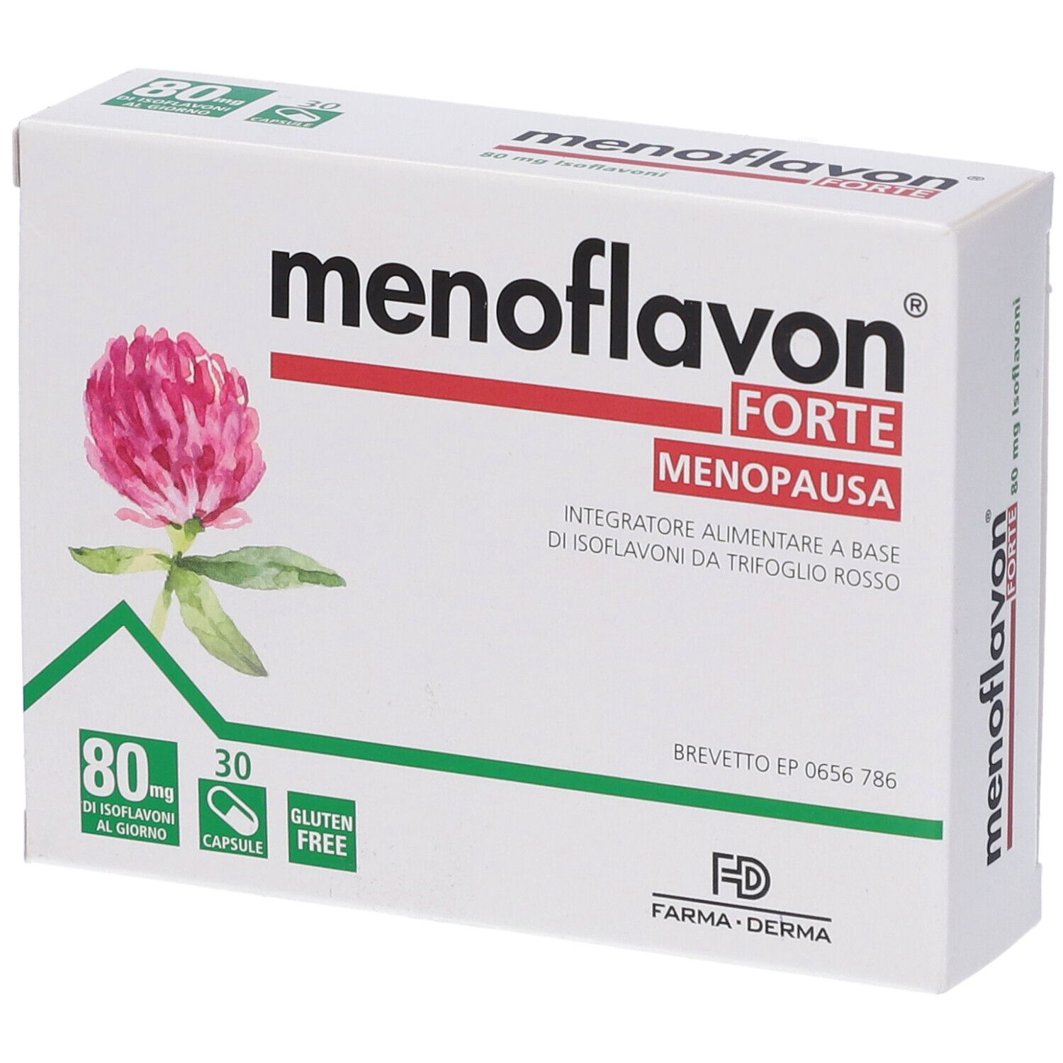 Confezione Menoflavon Forte. Scritta rossa, trifoglio, 80 mg isoflavoni, 30 capsule, senza glutine. Marchio Farma Derma.
