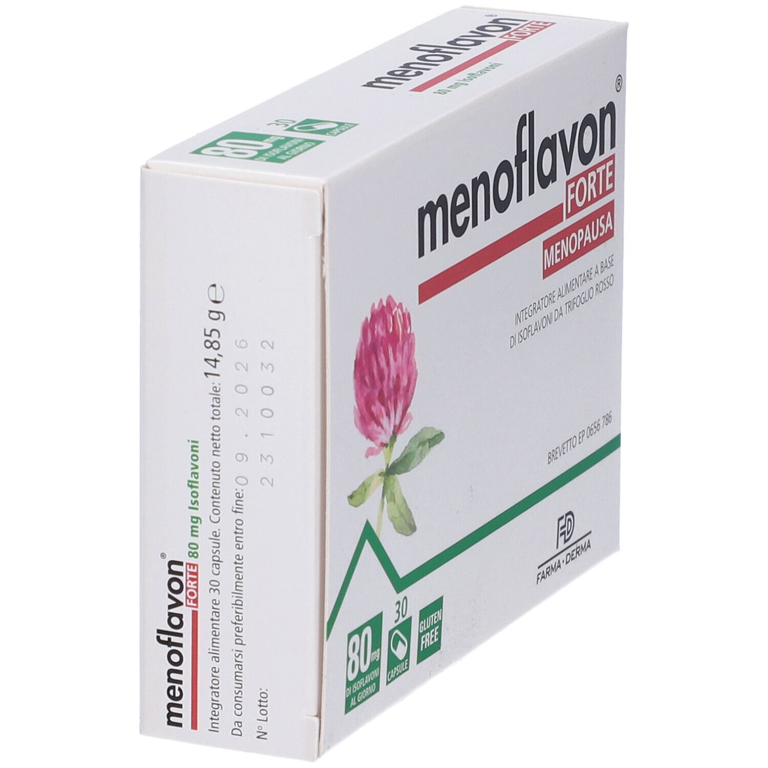 Confezione Menoflavon Forte, angolata. Scritta rossa, trifoglio, 80 mg isoflavoni, 30 capsule, senza glutine. Marchio Farma Derma.