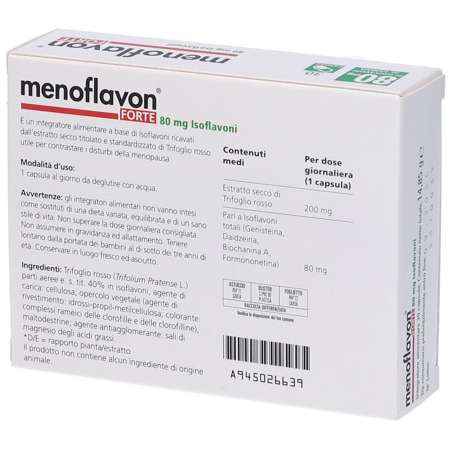 Retro confezione Menoflavon Forte. Ingredienti, dosaggio, informazioni produttore. 80 mg isoflavoni. Marchio Farma Derma.