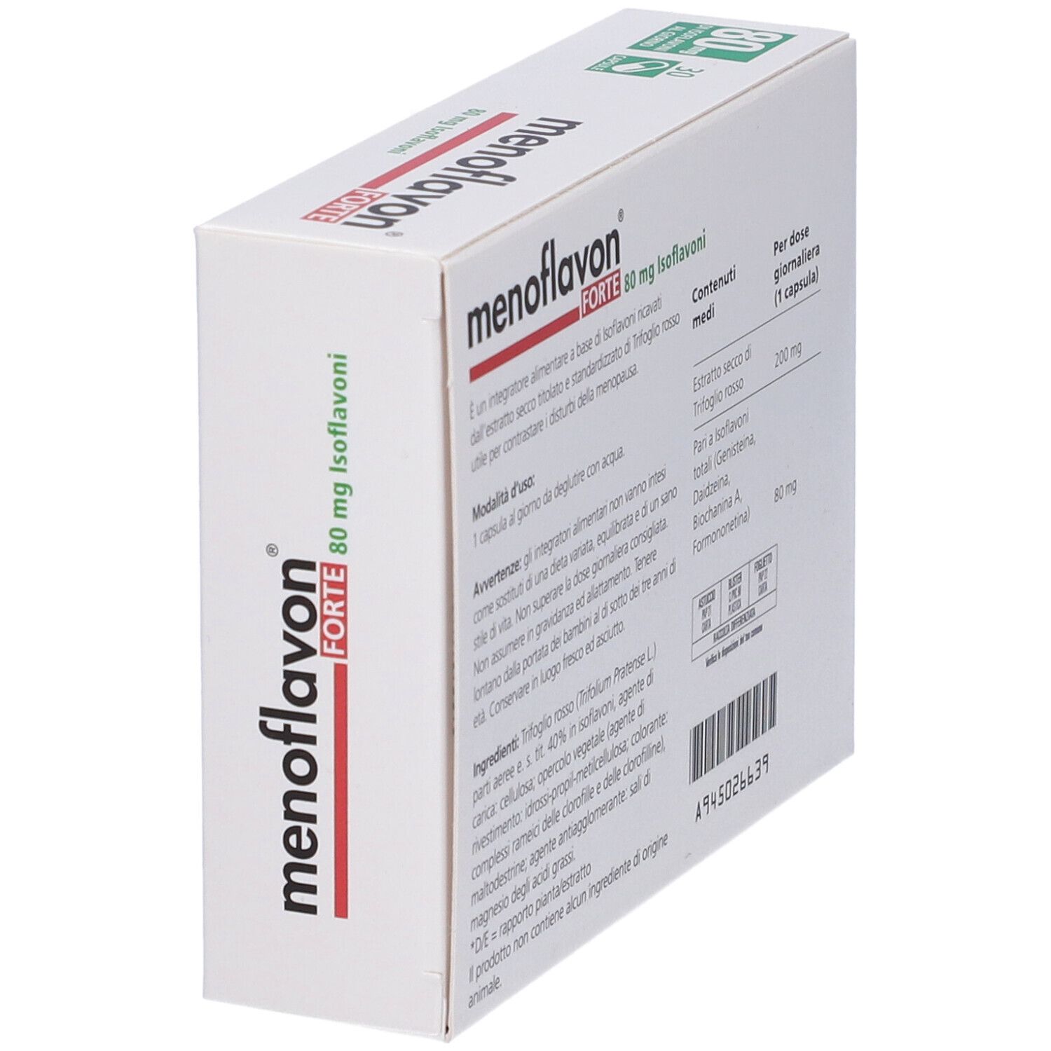 Confezione Menoflavon Forte angolata, retro. Ingredienti, dosaggio, informazioni produttore. 80 mg isoflavoni. Marchio Farma Derma.